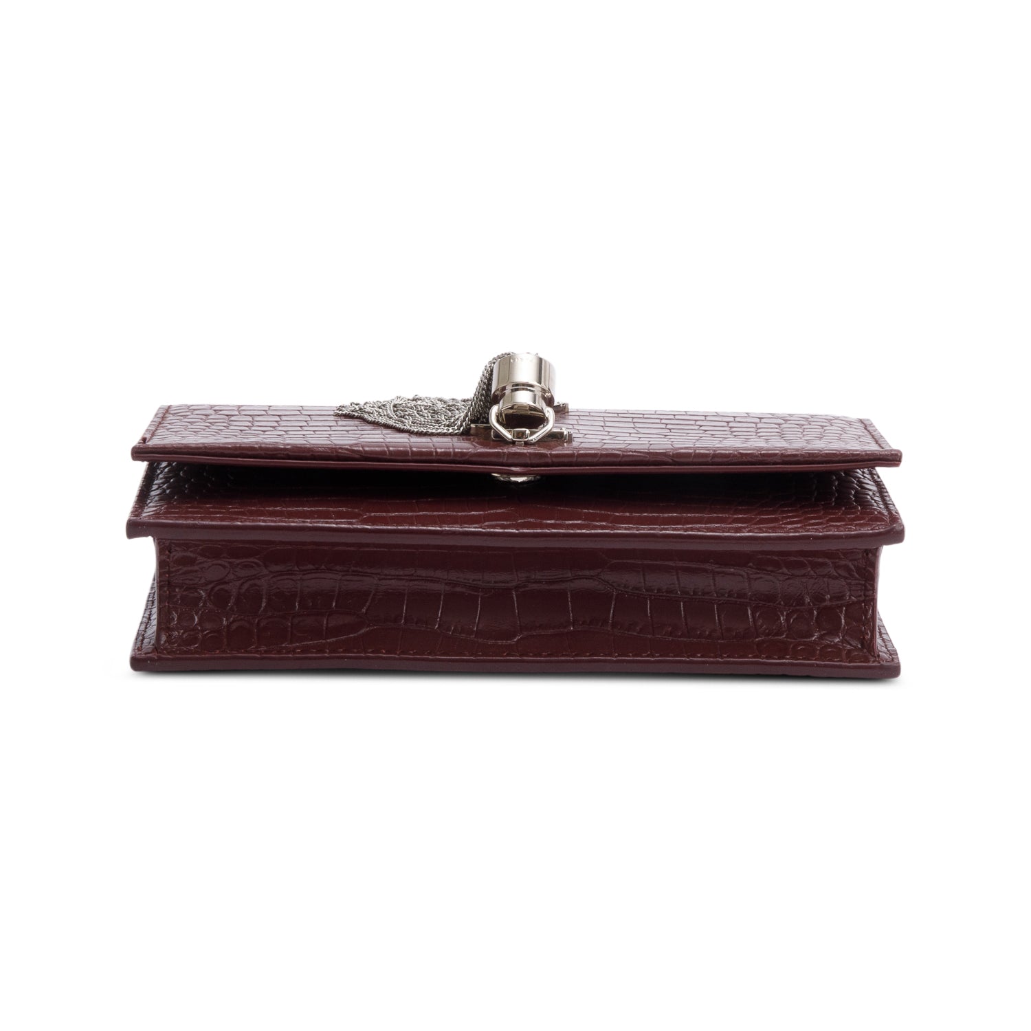 Saint Laurent Burgundy Croc Embossed Leather Kate Tassel Wallet on Chain