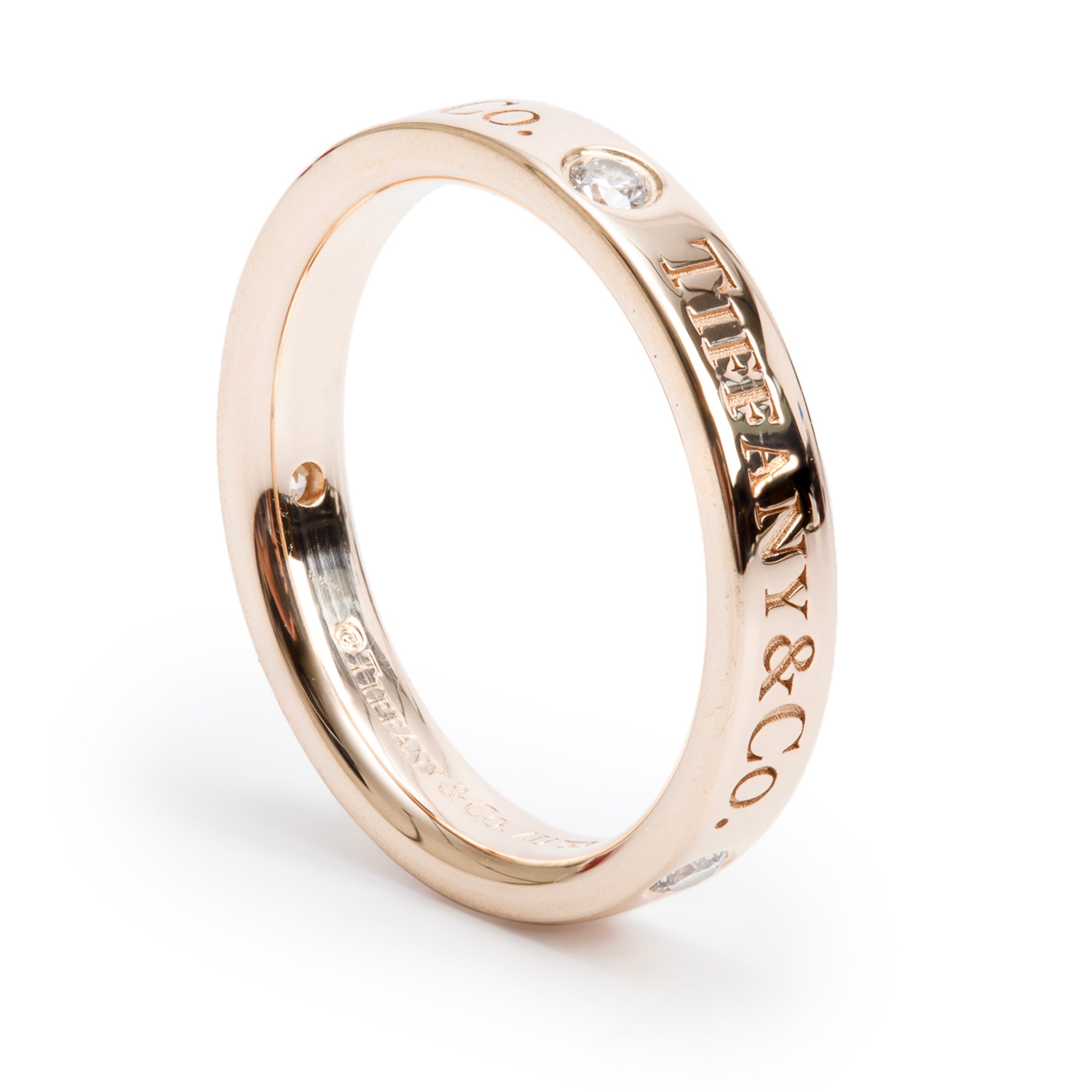 Tiffany & Co. 18k Rose Gold 3 Diamond 3 MM Band Ring, Size 3.75