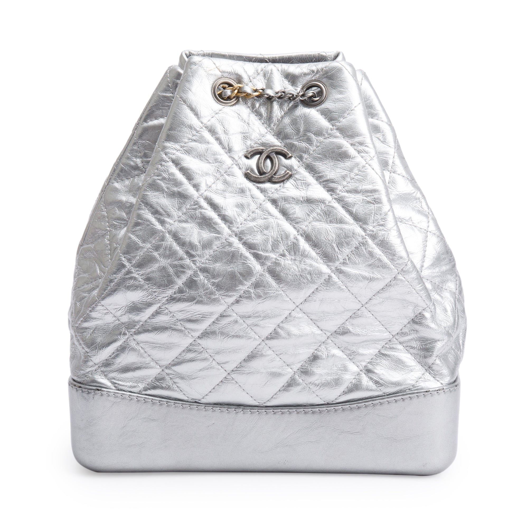 Chanel Metallic Silver Aged Calfskin Leather Small Gabrielle Backpack