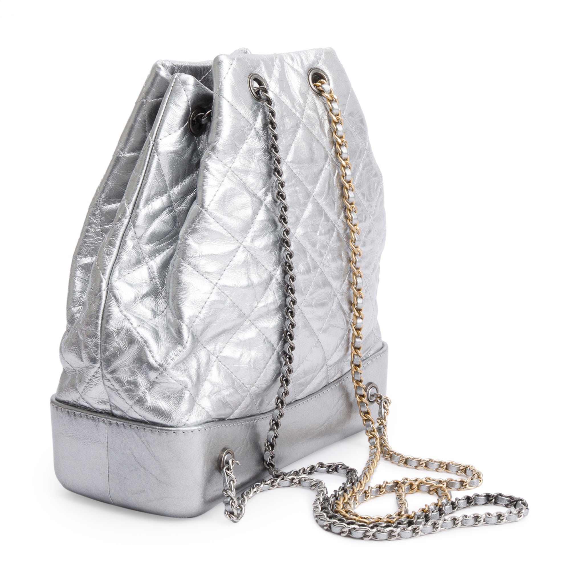 Chanel Metallic Silver Aged Calfskin Leather Small Gabrielle Backpack