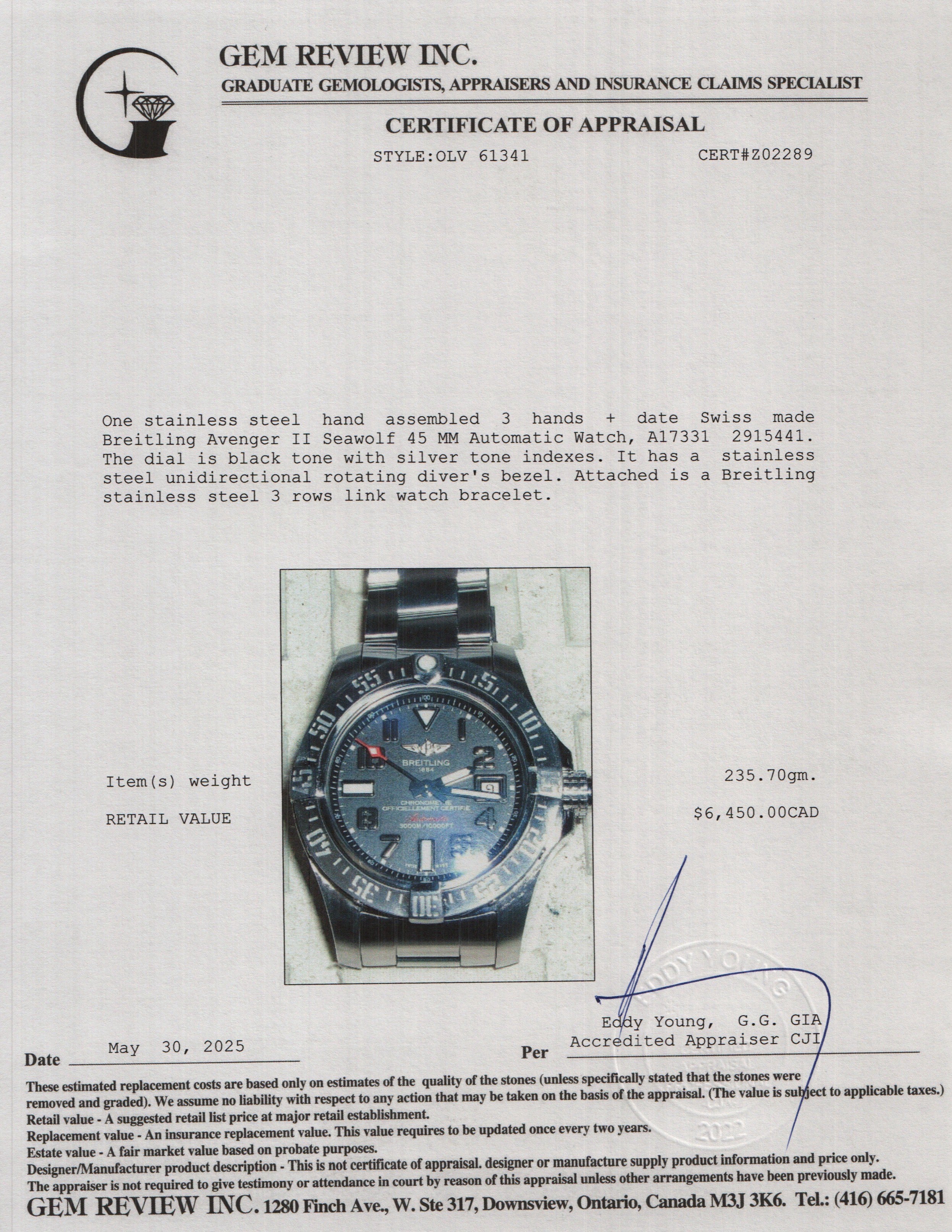 Breitling 2020 Stainless Steel Avenger II Seawolf 45 MM Automatic Watch Black Dial A17331 w/ Box & Papers