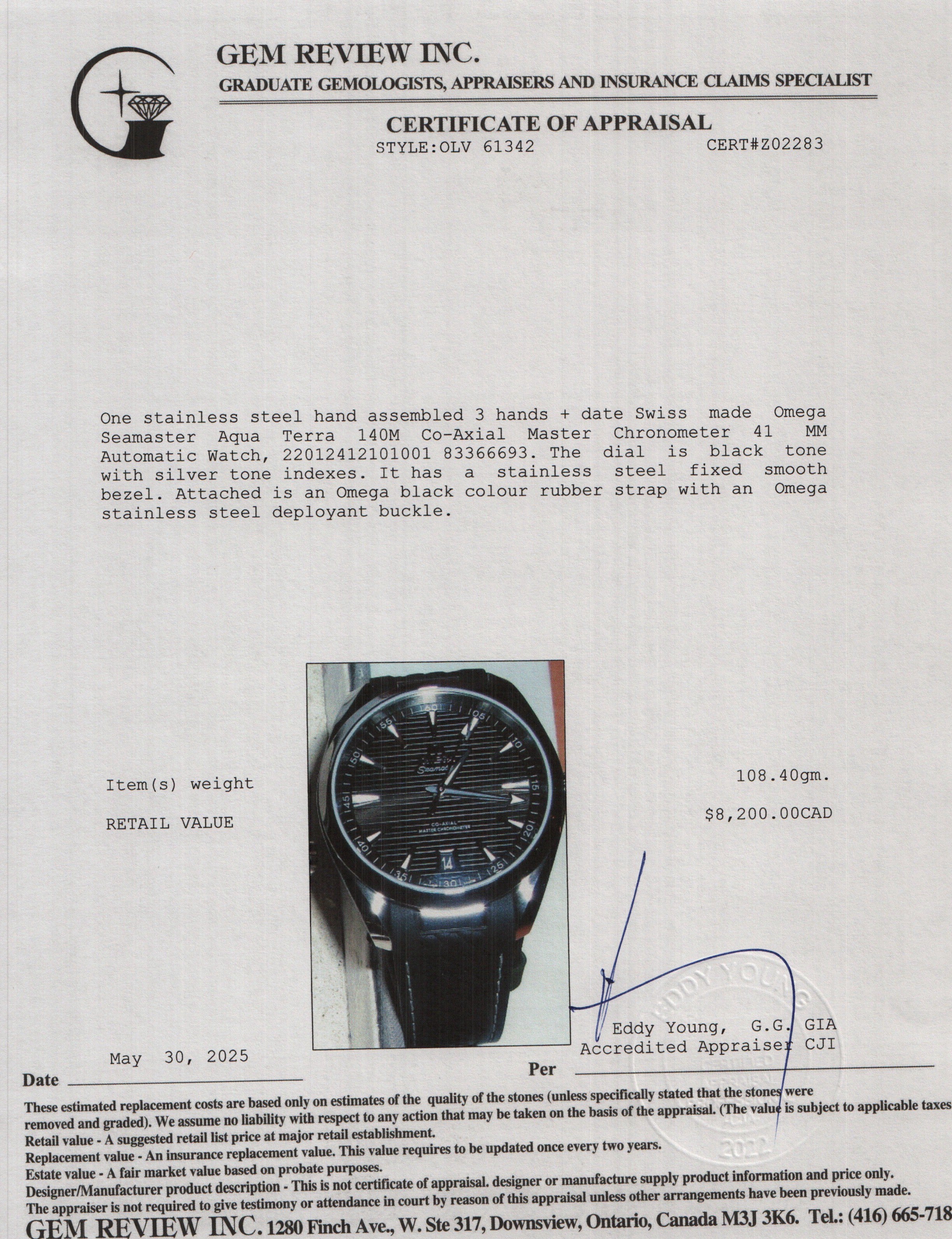 Omega Stainless Steel Seamaster Aqua Terra 140M Co-Axial Master Chronometer 41 MM Automatic Watch Black Dial w/ Box, Papers & Extra Strap