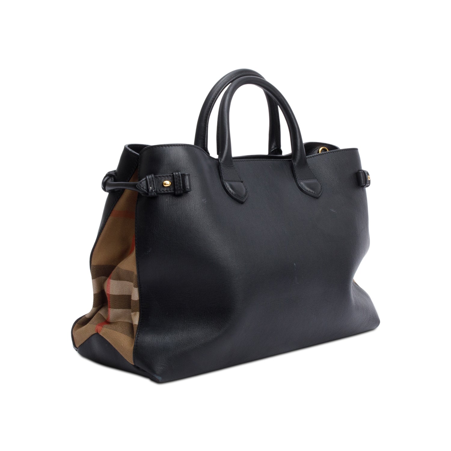 Burberry Black Calfskin Leather House Check Large Banner Tote w/ Strap