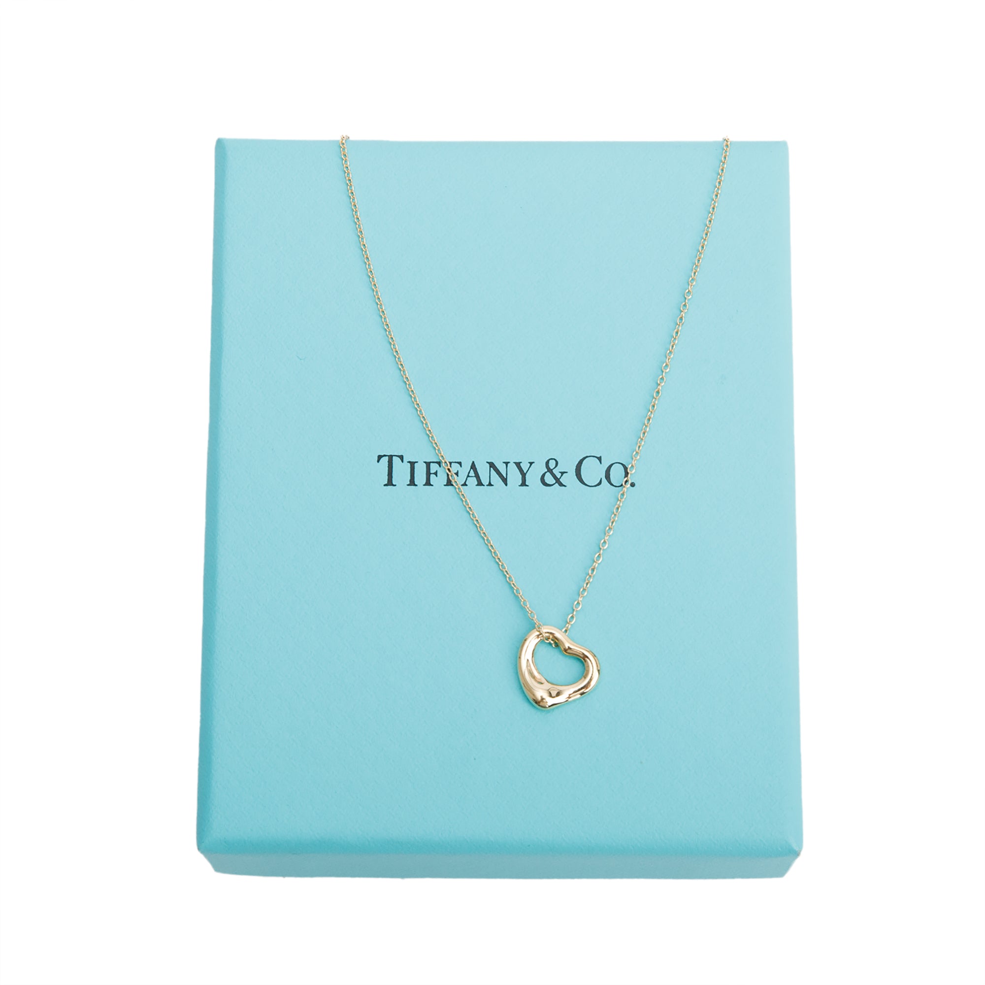 Tiffany & Co. Elsa Peretti 18k Yellow Gold 11 MM Open Heart Pendant Necklace w/ Box