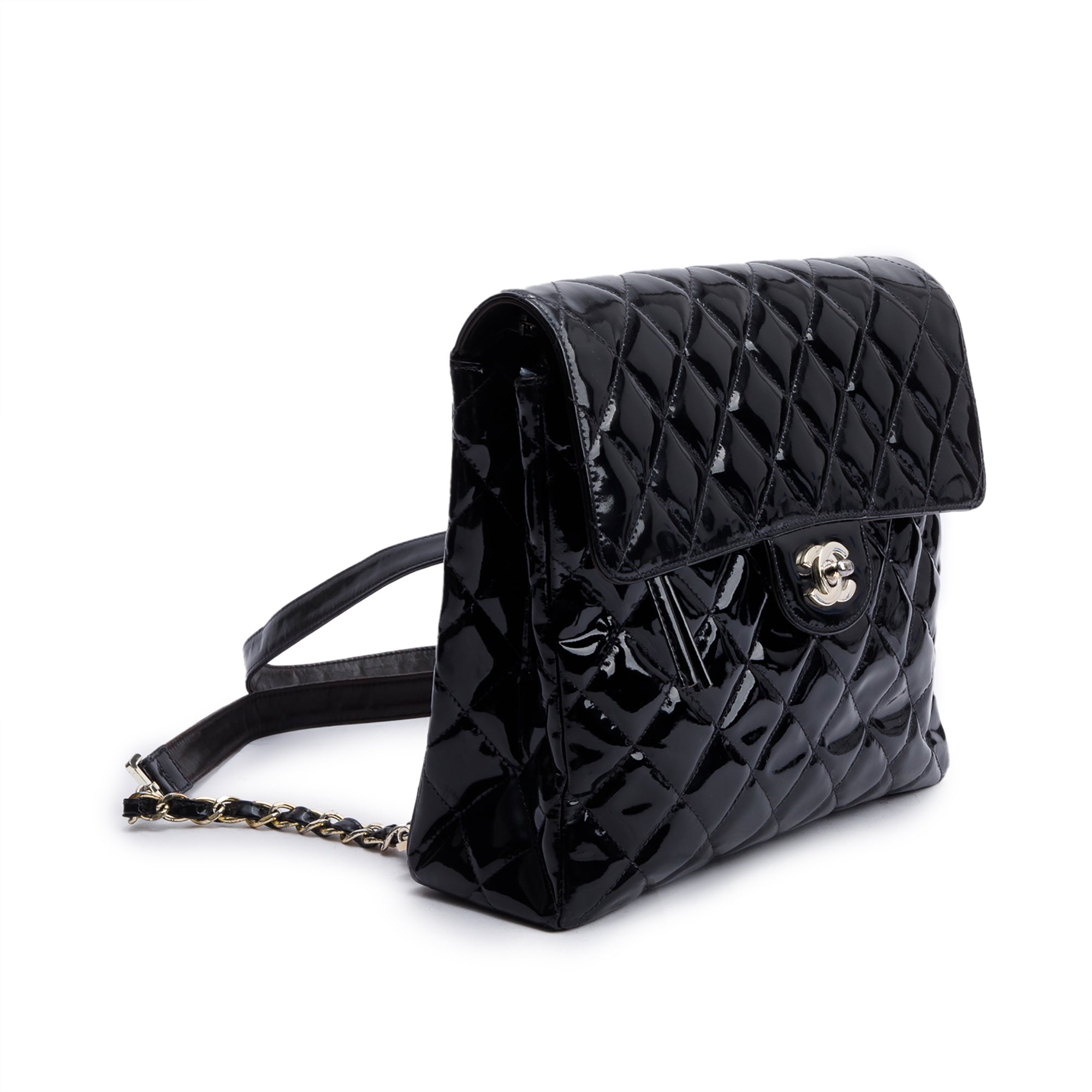 Chanel Vintage Black Quilted Patent Leather Classic Flap Backpack