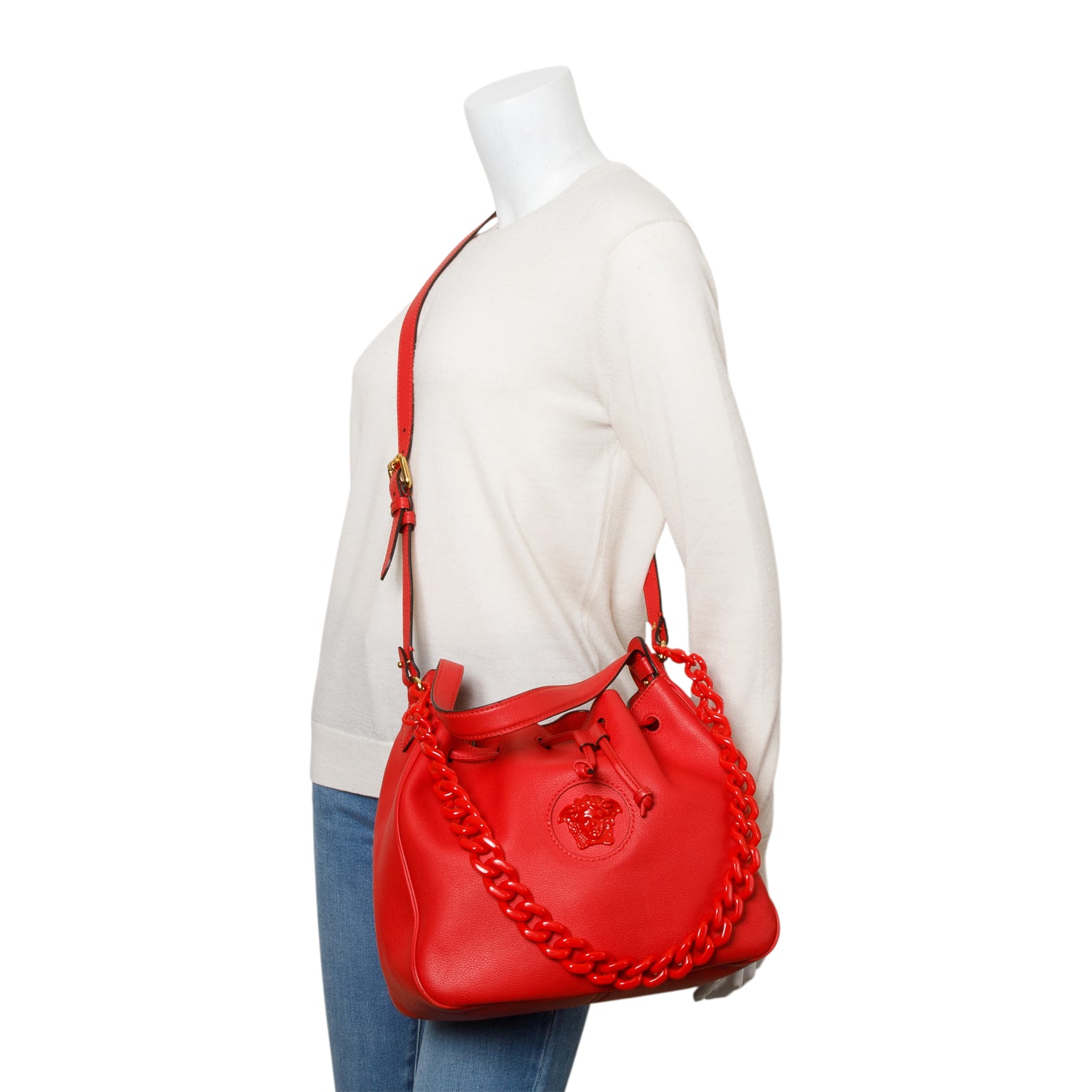 Versace Red Calfskin Leather Large La Medusa Bucket Bag