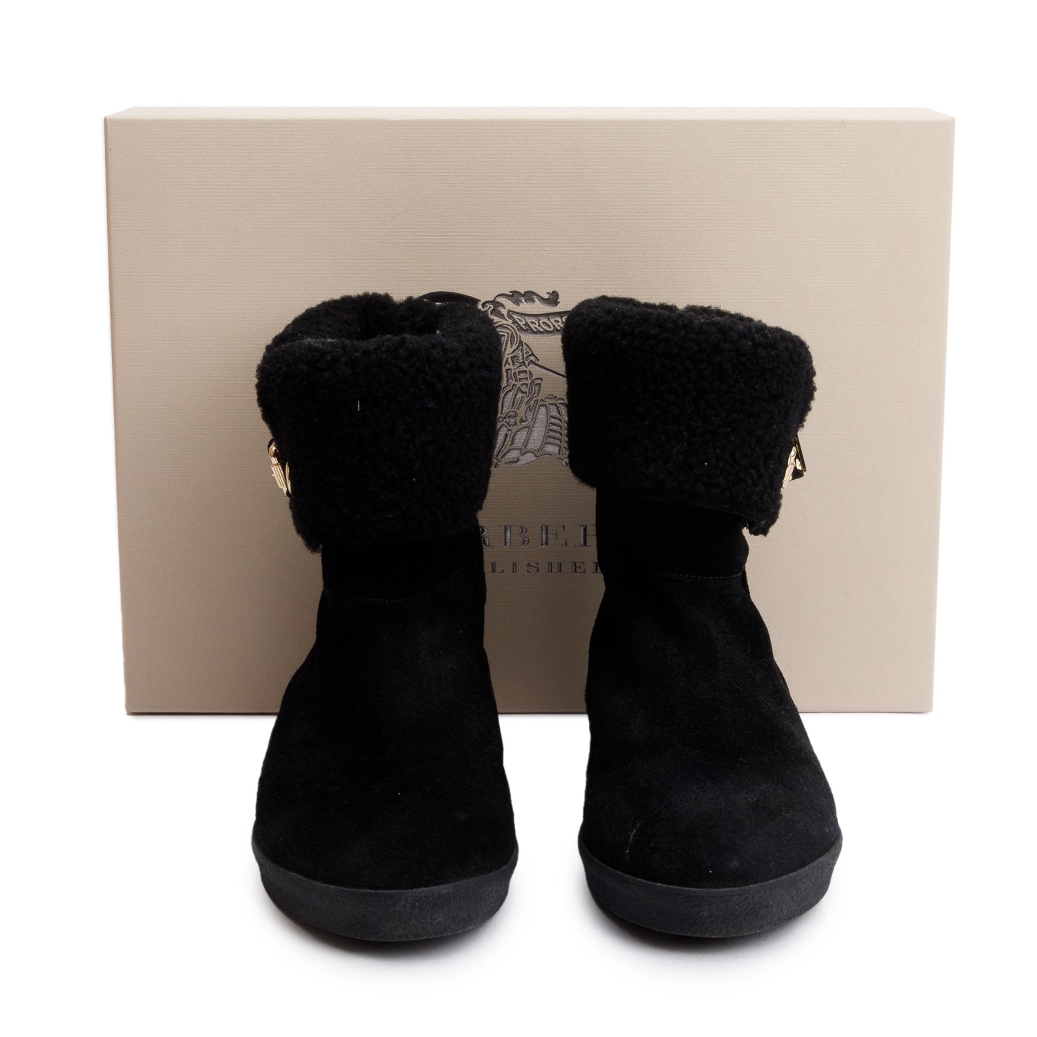 Burberry Black Suede Stanleigh Weather Ankle Boots, Size 39 w/ Box