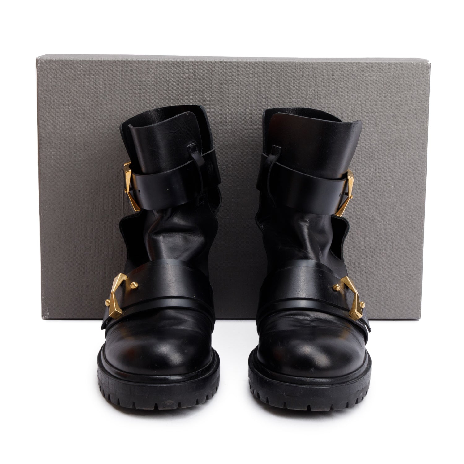 Alexander McQueen Black Shiny Calfskin Leather Biker Boots, Size 39 w/ Box