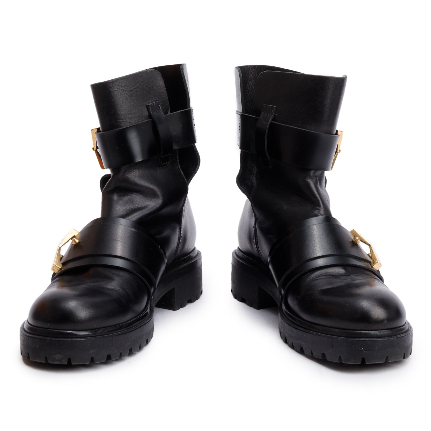 Alexander McQueen Black Shiny Calfskin Leather Biker Boots, Size 39 w/ Box