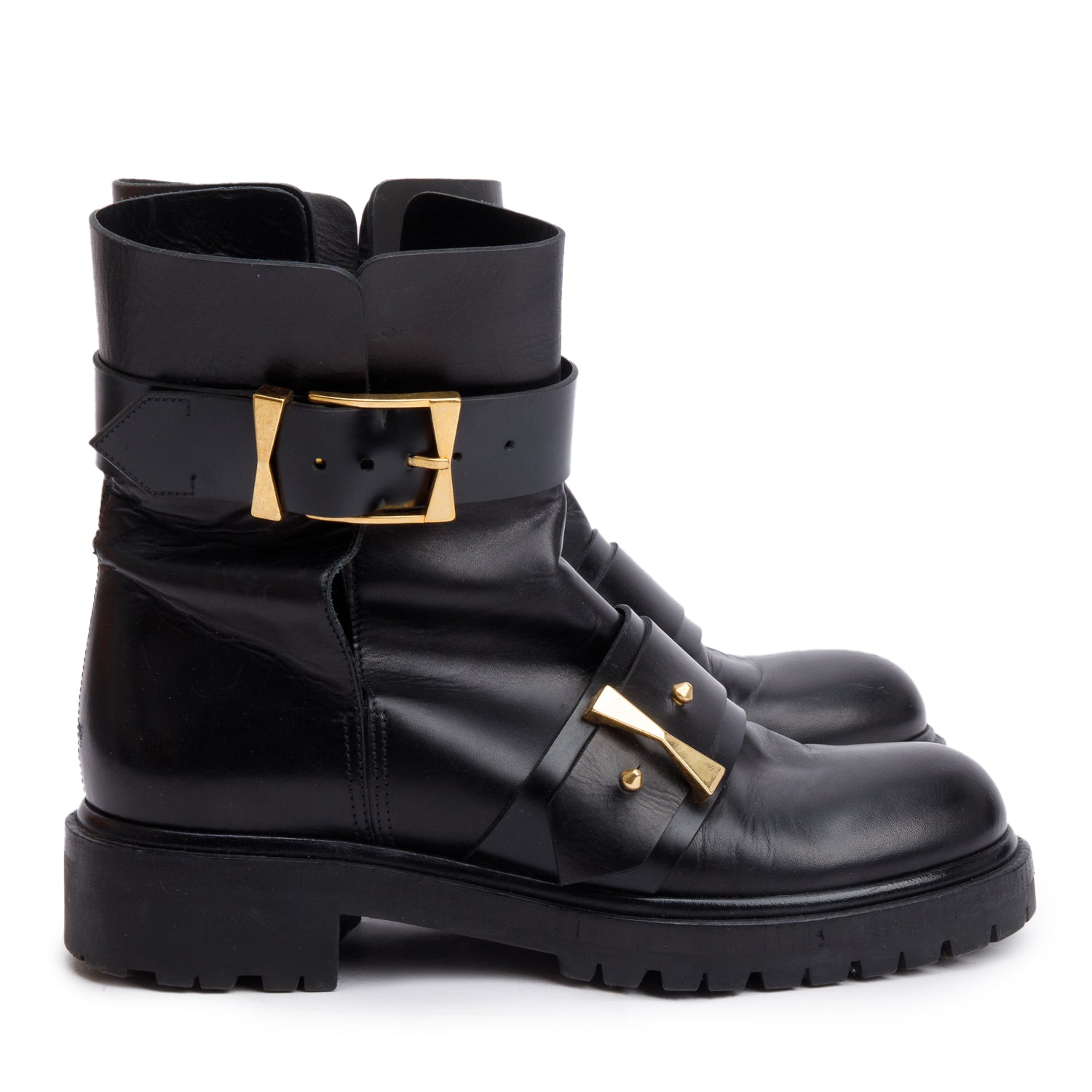 Alexander McQueen Black Shiny Calfskin Leather Biker Boots, Size 39 w/ Box