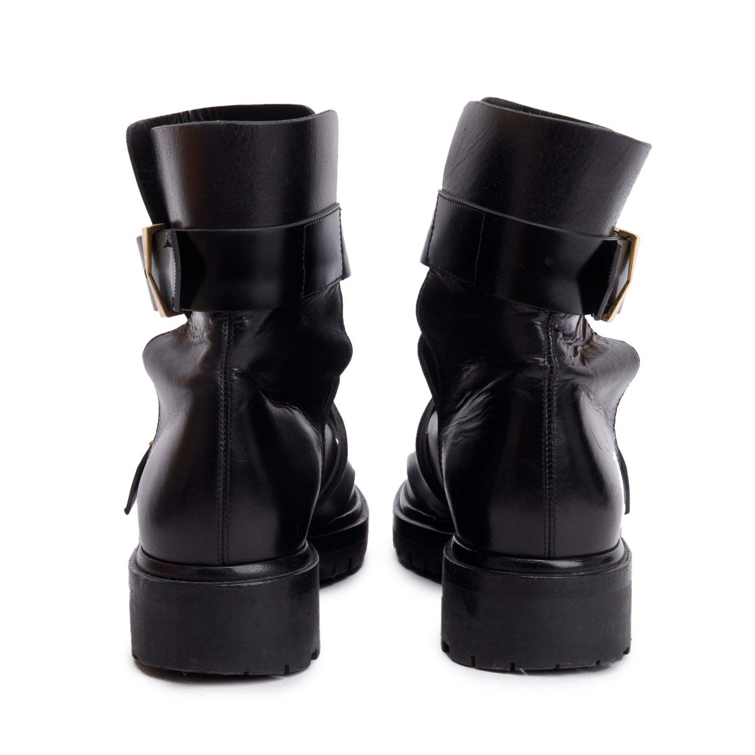 Alexander McQueen Black Shiny Calfskin Leather Biker Boots, Size 39 w/ Box
