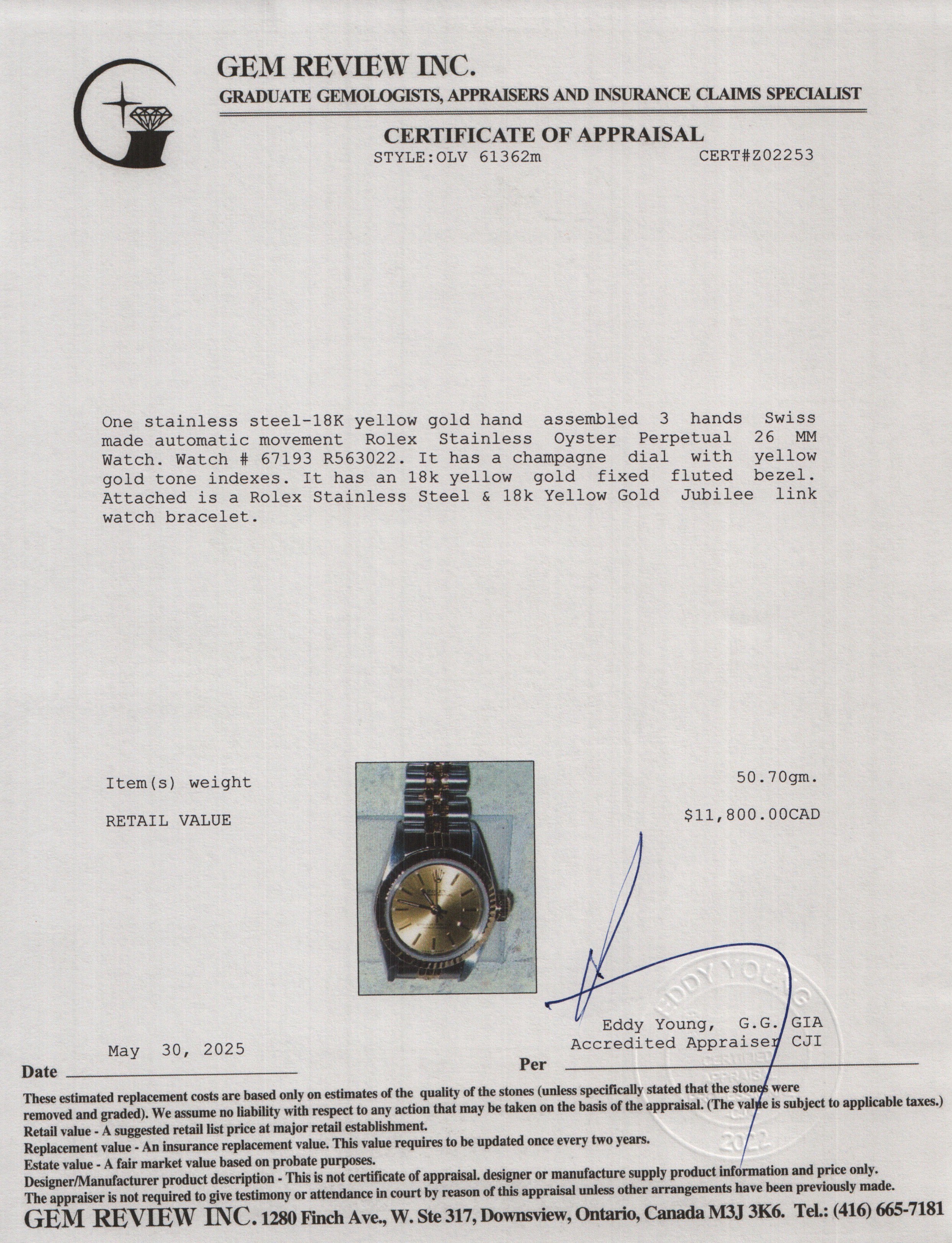 Rolex Stainless Steel & 18k Yellow Gold Oyster Perpetual 26 MM Watch Gold Dial 67193