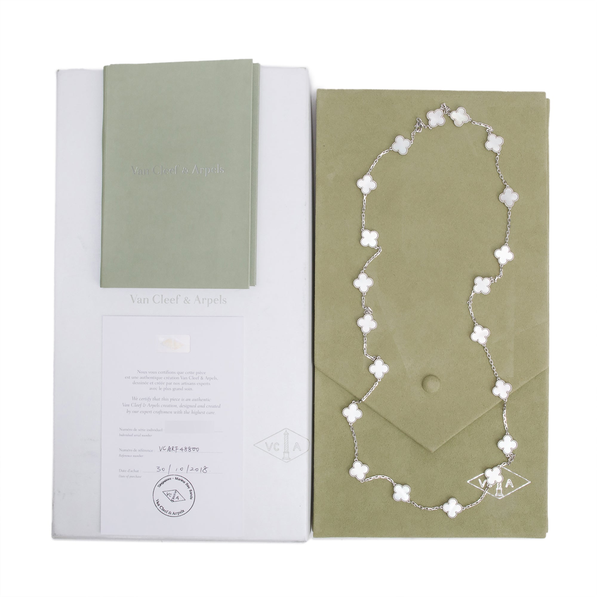 Van Cleef & Arpels 18k White Gold Vintage Alhambra 20 Motif Mother of Pearl Necklace w/ Box & Certificate