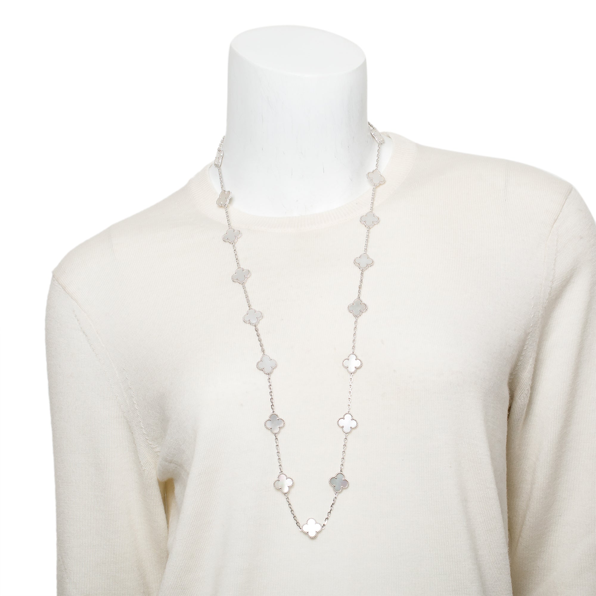 Van Cleef & Arpels 18k White Gold Vintage Alhambra 20 Motif Mother of Pearl Necklace w/ Box & Certificate