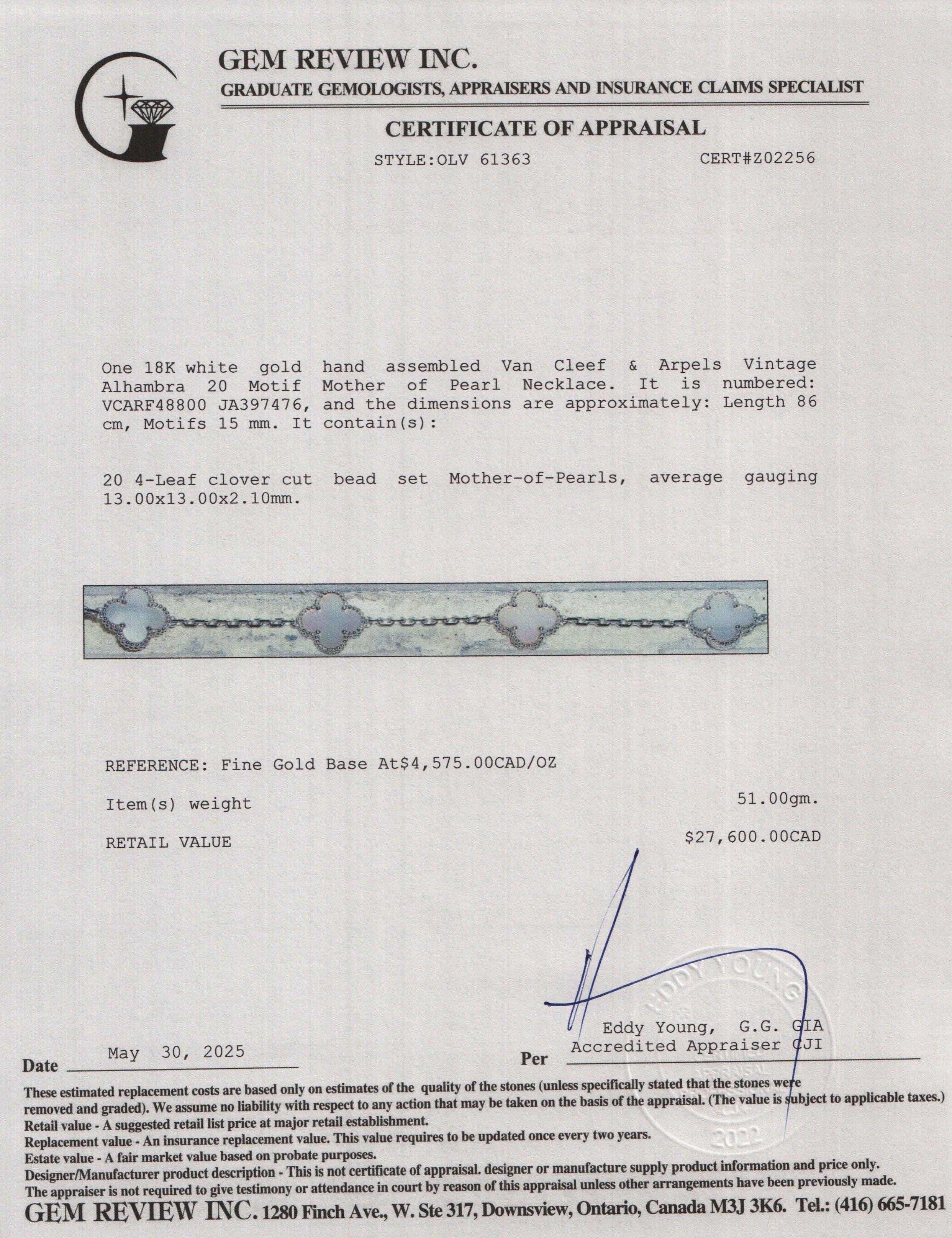 Van Cleef & Arpels 18k White Gold Vintage Alhambra 20 Motif Mother of Pearl Necklace w/ Box & Certificate