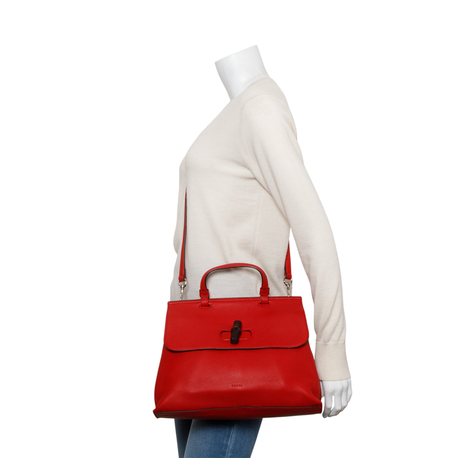 Gucci Red Calfskin Leather Medium Bamboo Daily Bag w/ Strap