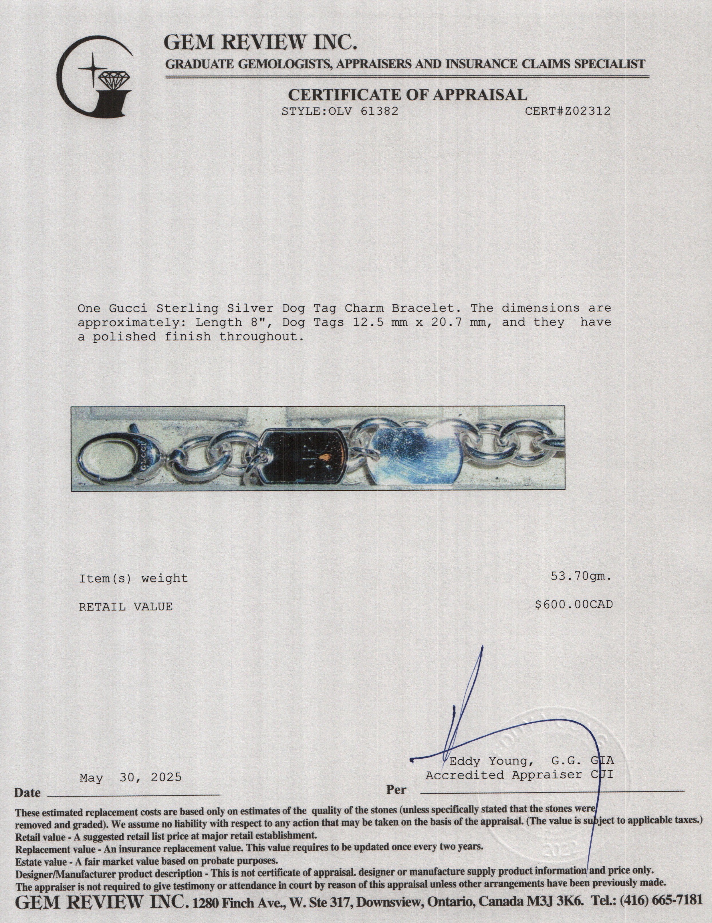 Gucci Sterling Silver Dog Tag Charm Bracelet w/ Box