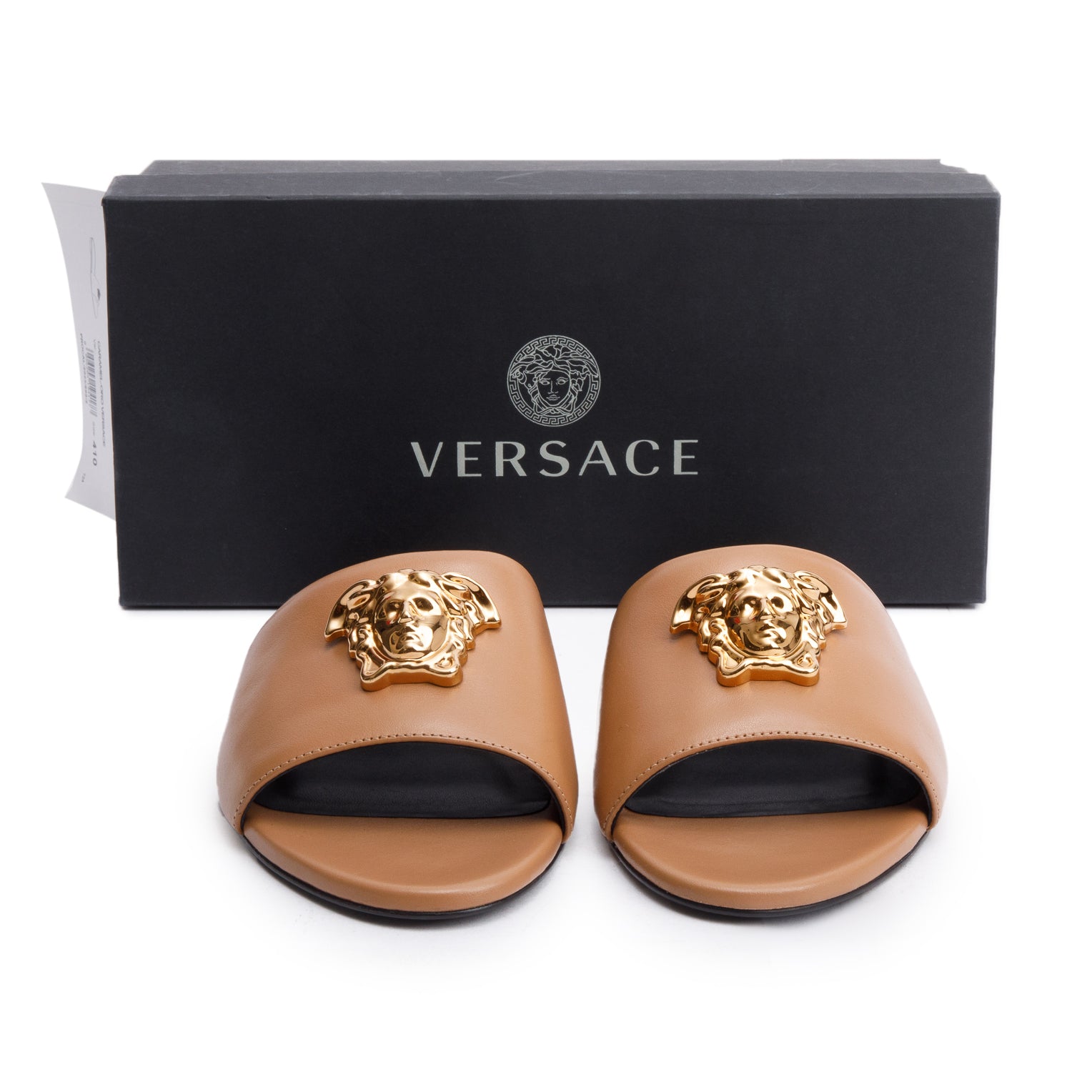 Versace Beige Leather Medusa Insignia Flat Sandals, Size 41 w/ Box