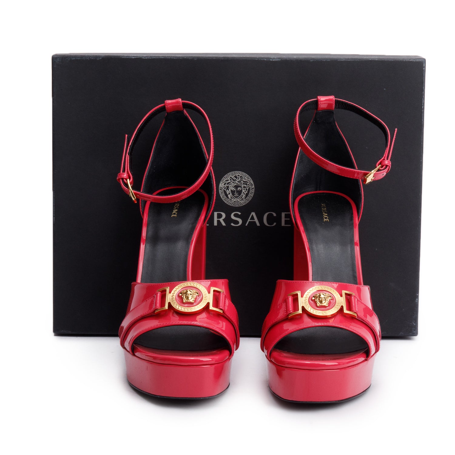 Versace Pink Patent Leather Medusa Insignia D'Orsay Platform Sandals, Size 41 w/ Box