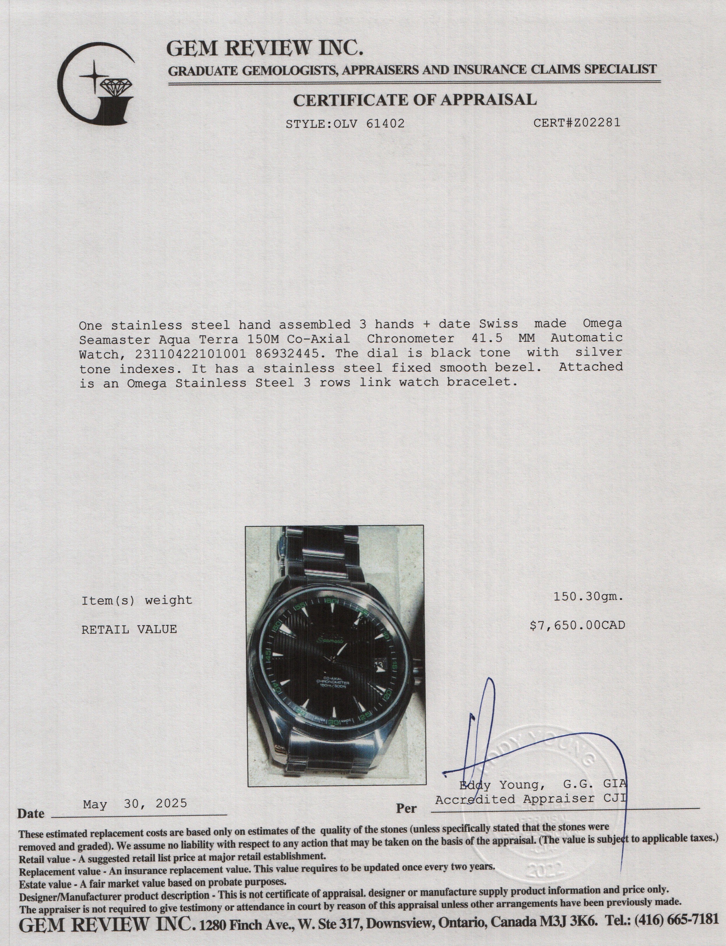 Omega Stainless Steel Seamaster Aqua Terra 150M Co-Axial Chronometer 41.5 MM Automatic Watch Black Dial w/ Box & Papers