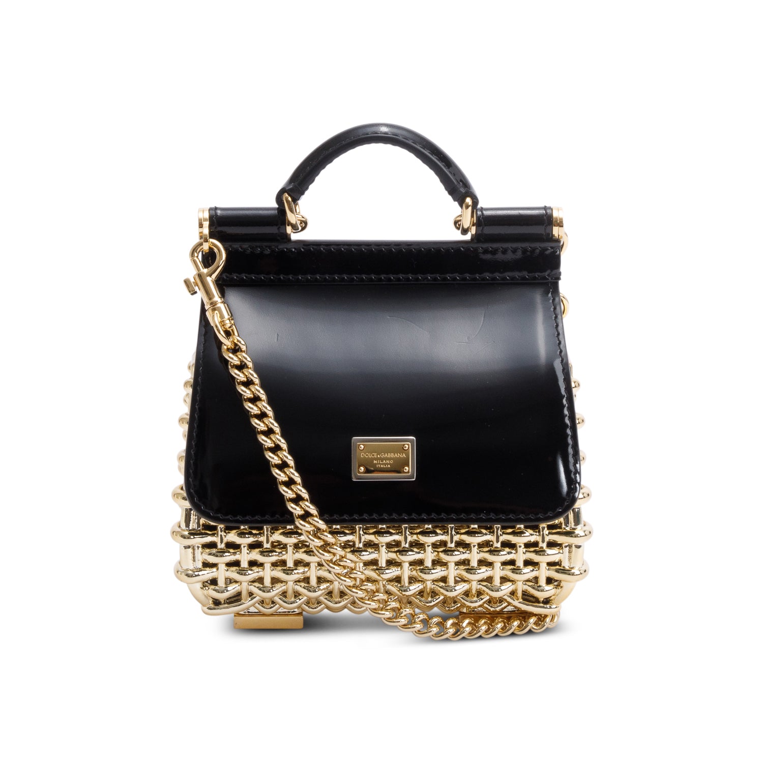Dolce & Gabbana Black Patent Leather Gold Mini Sicily Box Handle Bag w/ Strap & Authenticity Card