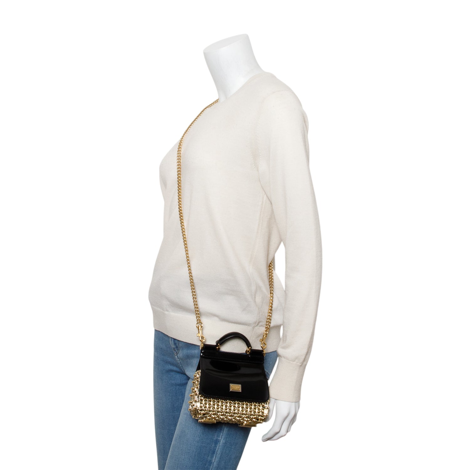 Dolce & Gabbana Black Patent Leather Gold Mini Sicily Box Handle Bag w/ Strap & Authenticity Card