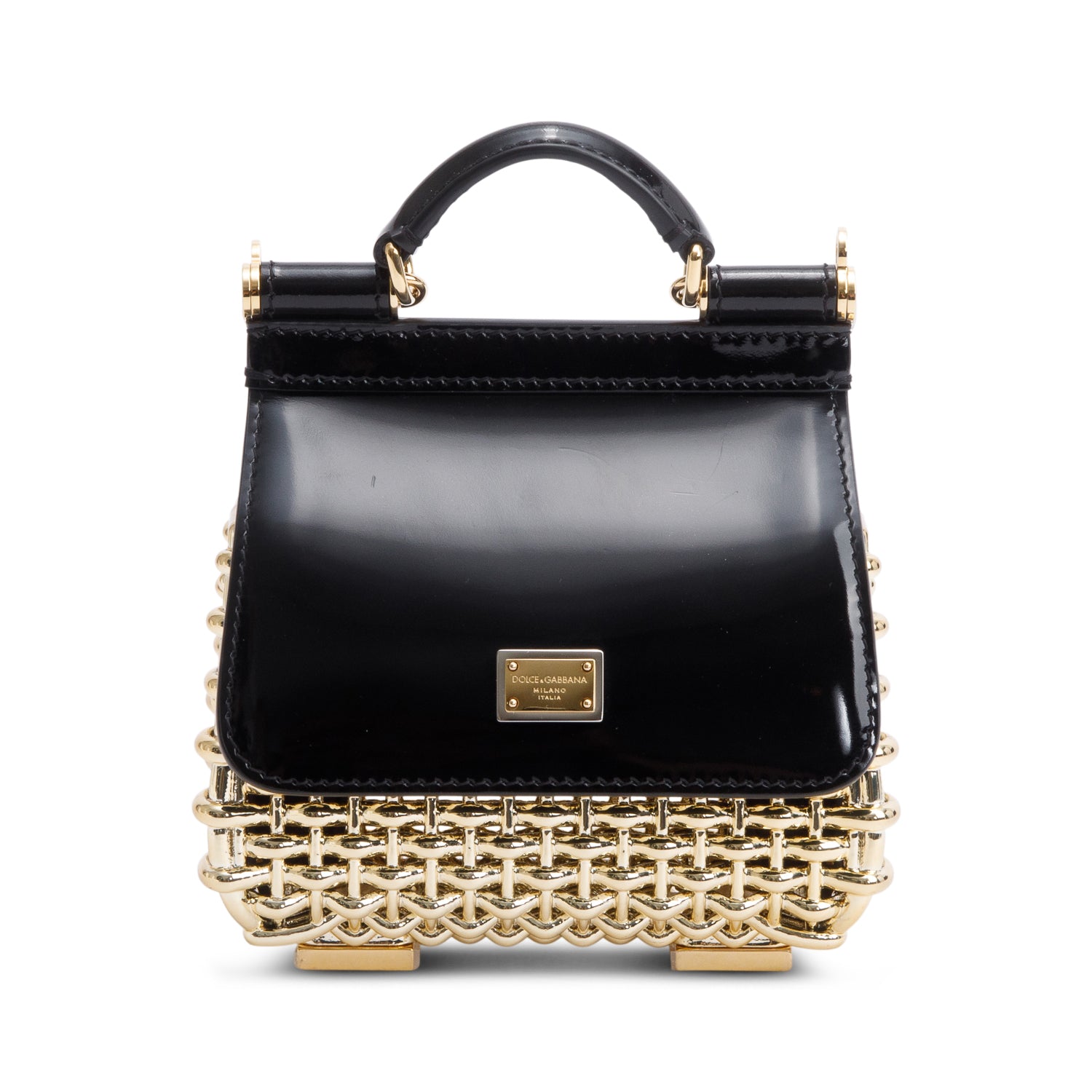 Dolce & Gabbana Black Patent Leather Gold Mini Sicily Box Handle Bag w/ Strap & Authenticity Card