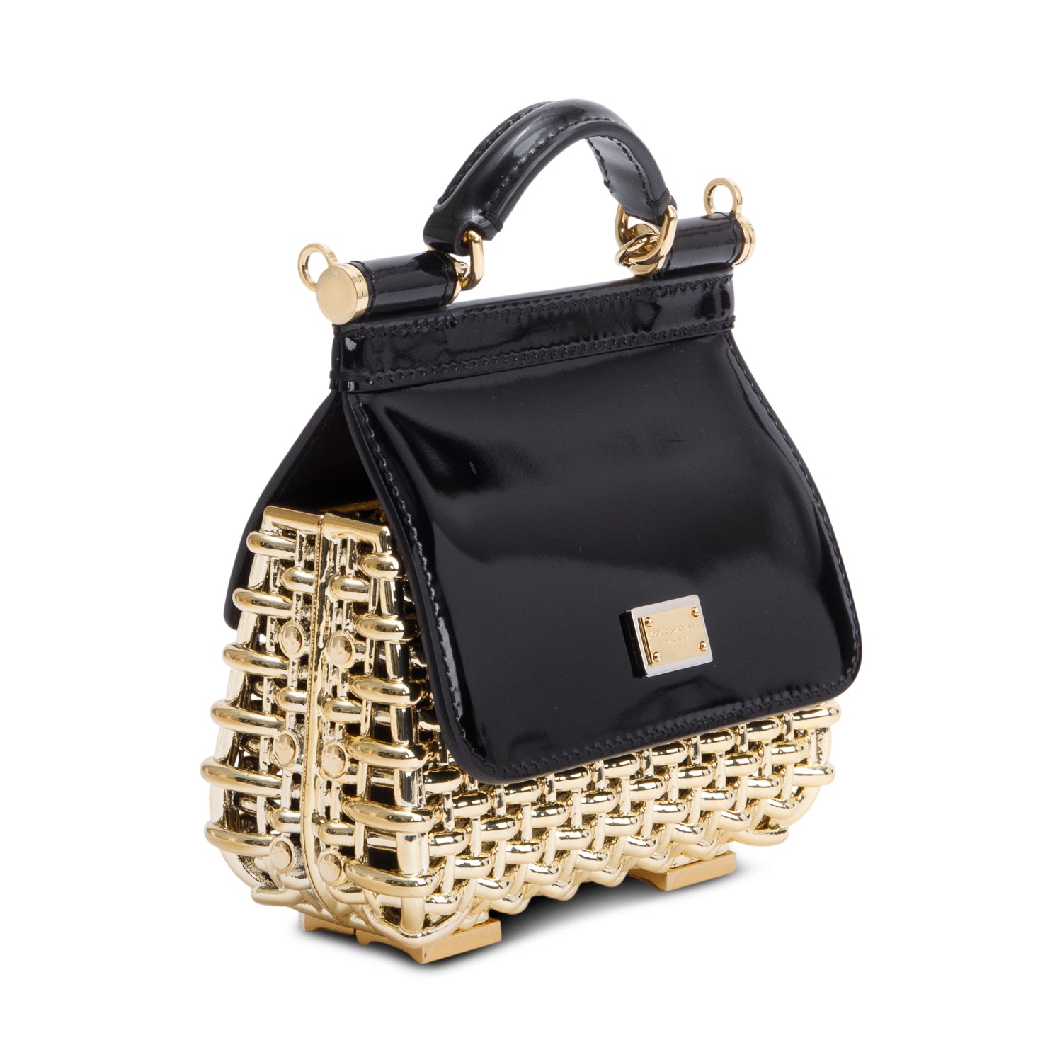 Dolce & Gabbana Black Patent Leather Gold Mini Sicily Box Handle Bag w/ Strap & Authenticity Card