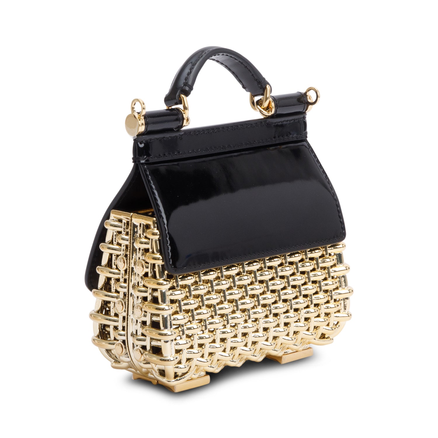 Dolce & Gabbana Black Patent Leather Gold Mini Sicily Box Handle Bag w/ Strap & Authenticity Card