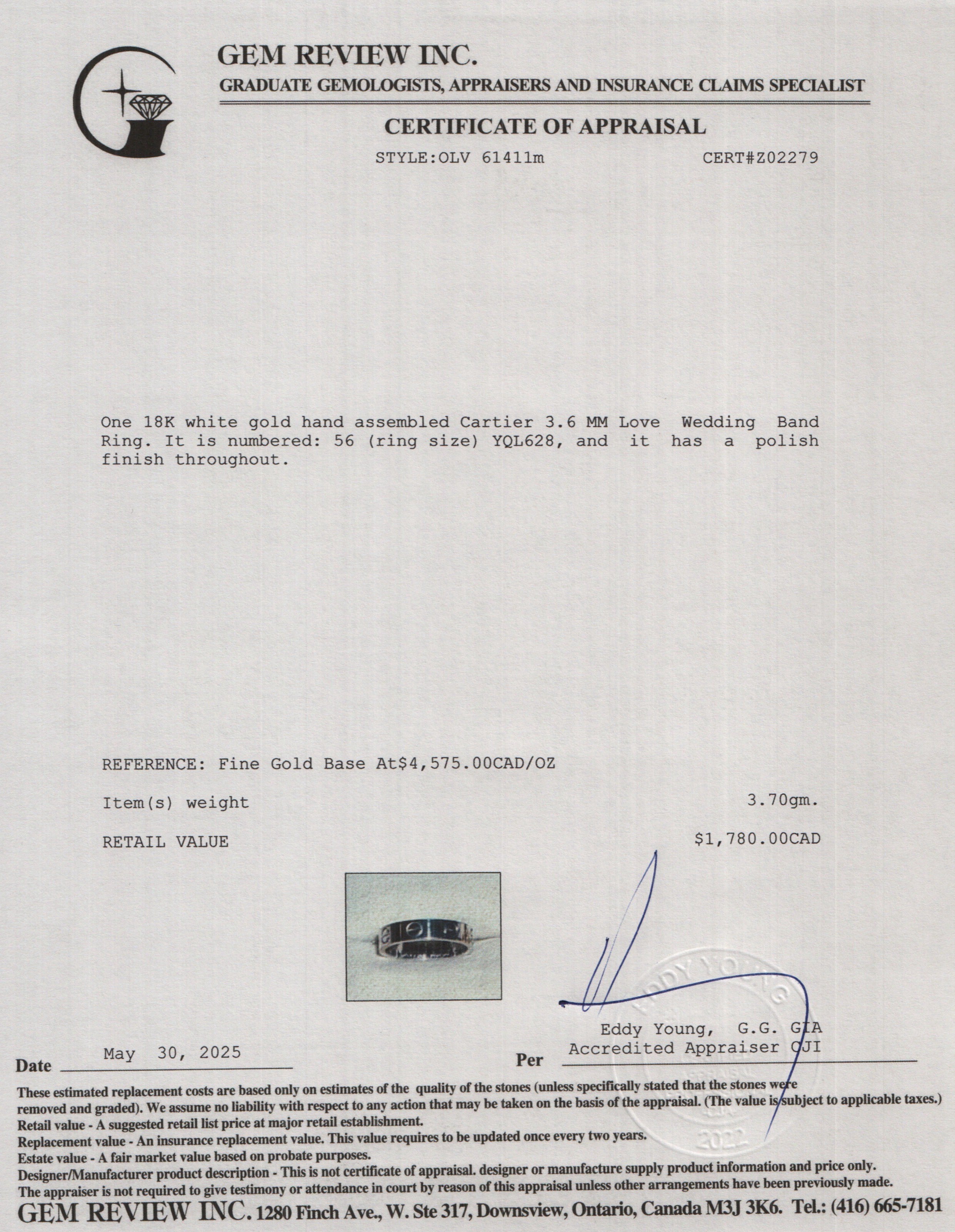 Cartier 2024 18k White Gold 3.6 MM Love Wedding Band Ring, Size 56 7.75 w/ Box & Certificate