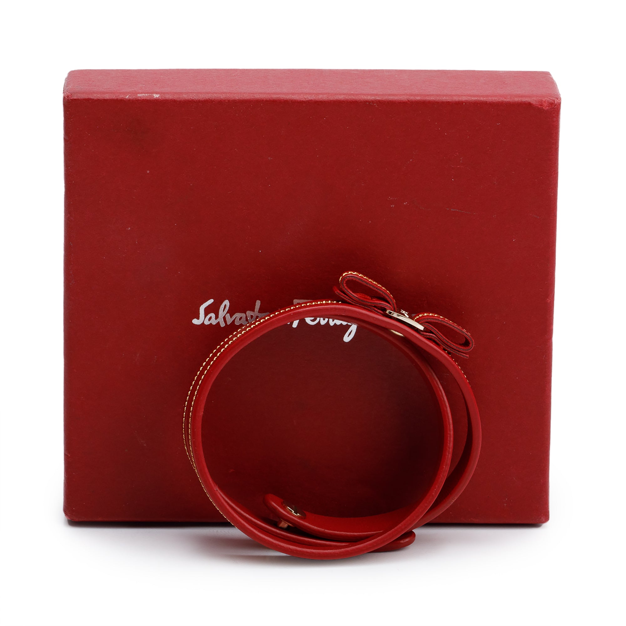 Ferragamo Silver-Plated Vera Bow Red Leather Double Wrap Bracelet w/ Box