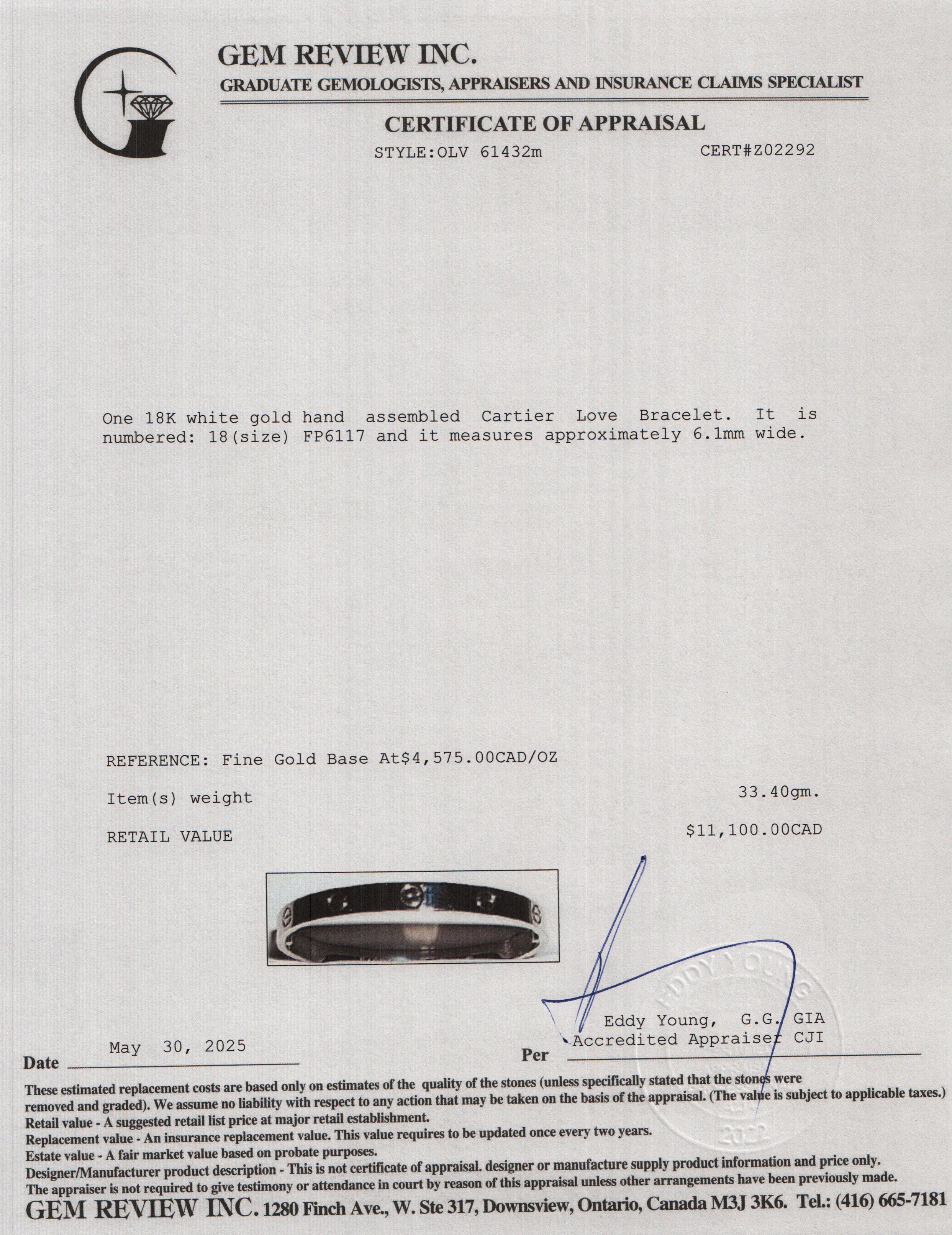 Cartier 18k White Gold Love Bracelet, Size 18 w/ Box