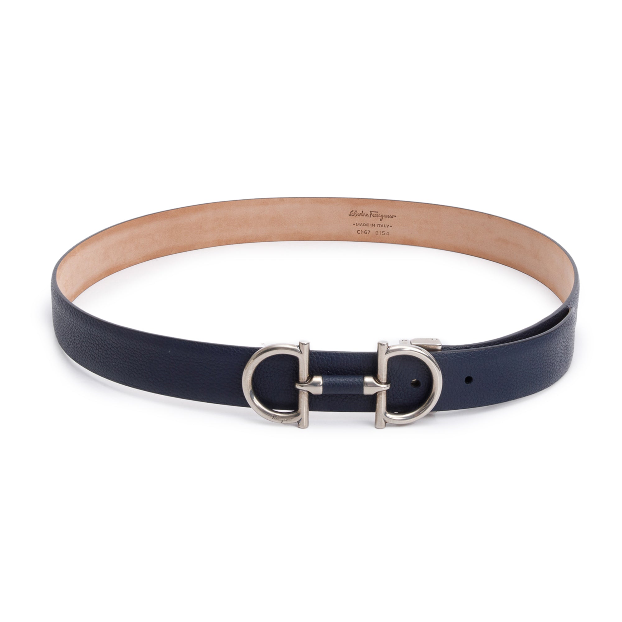 Ferragamo Navy Calfskin Leather Horsebit Buckle Belt 38