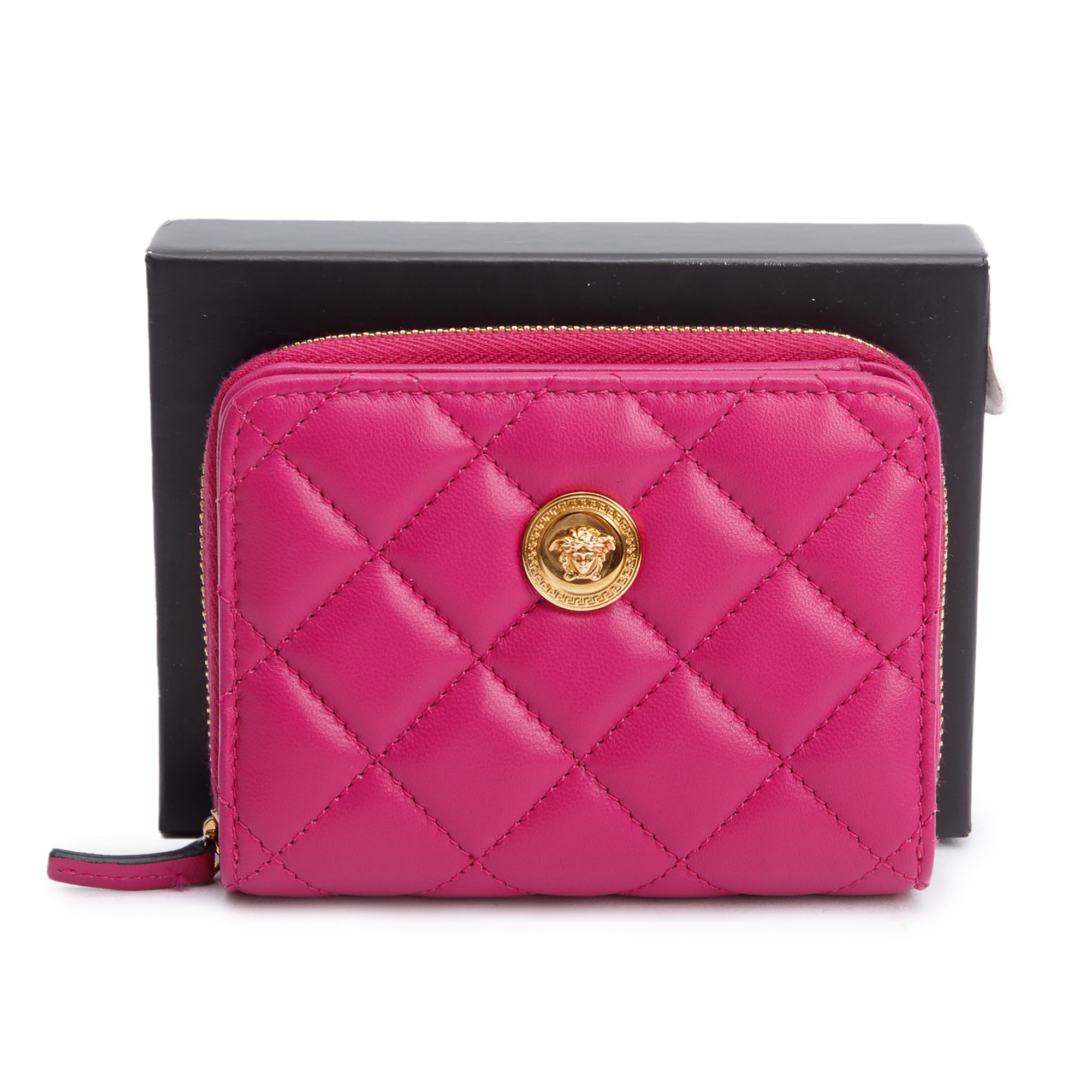 Versace Red Quilted Calfskin Leather Biggie Medusa Zip Around Compact Wallet w/ Box