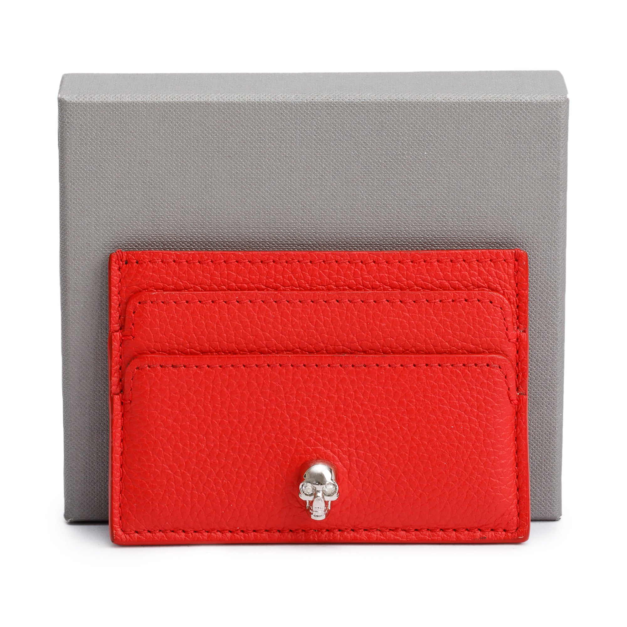 Alexander McQueen Red Calfskin Leather Skull Card Holder w/ Box