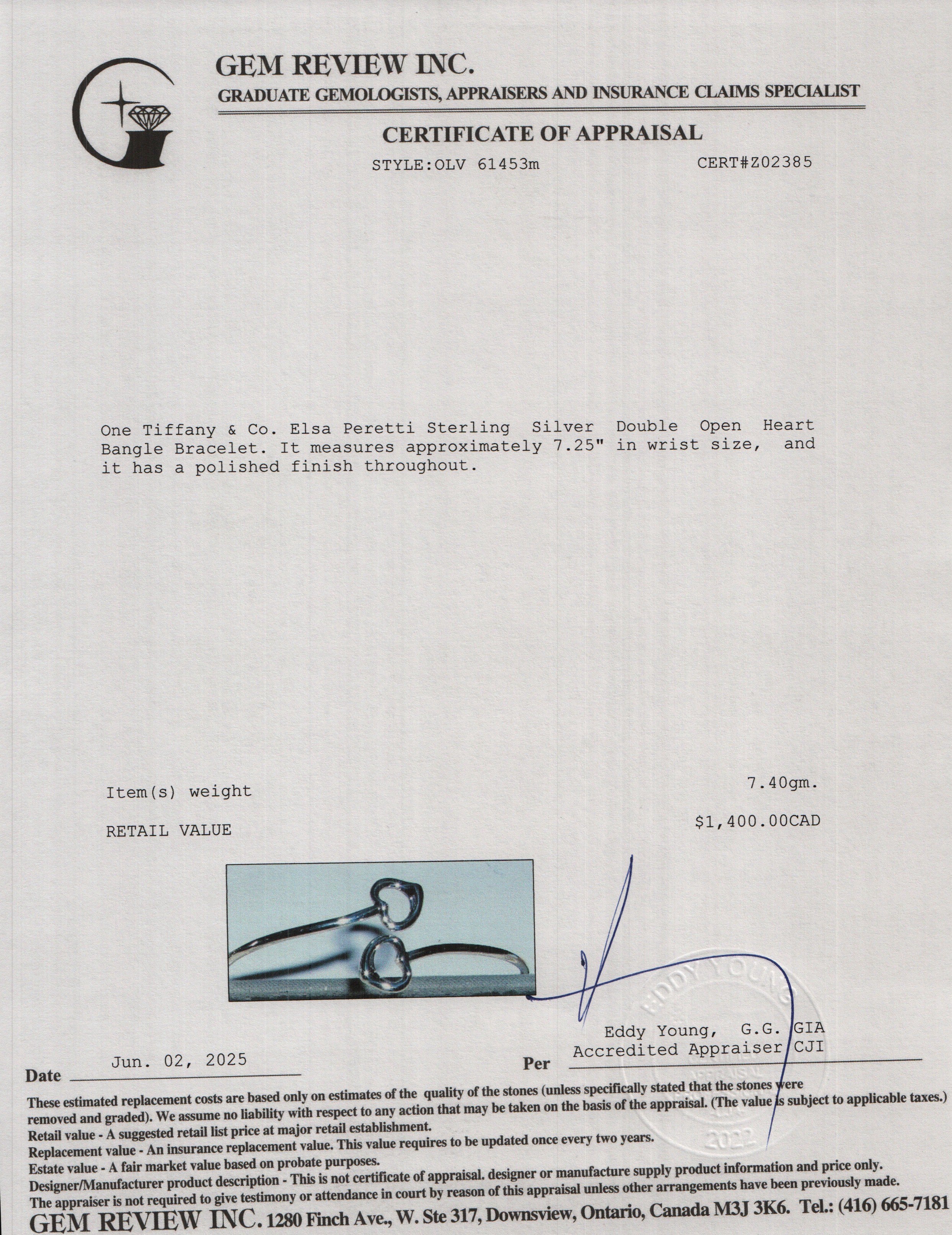 Tiffany & Co. Elsa Peretti Sterling Silver Double Open Heart Bangle Bracelet