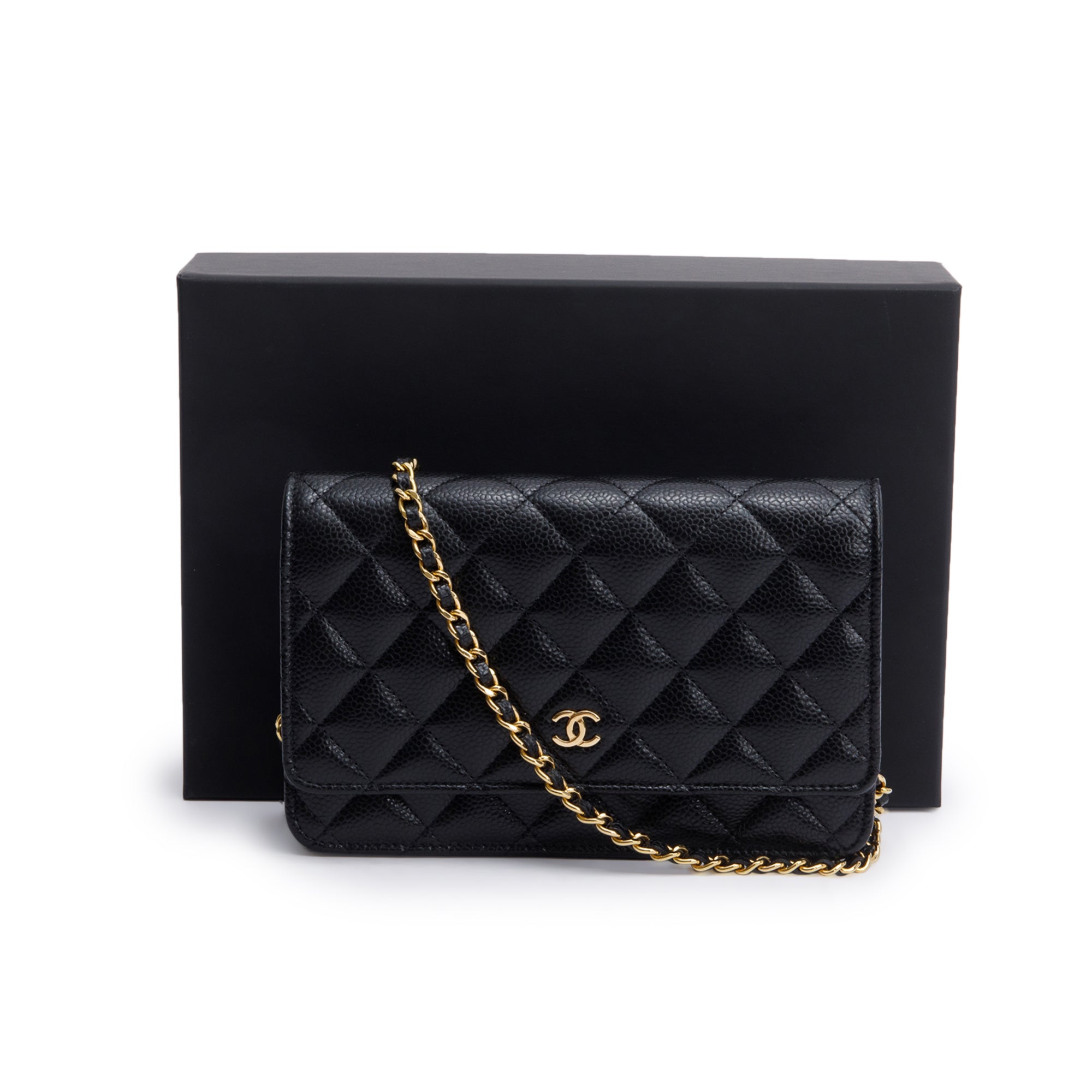 Chanel Black Quilted Caviar Leather Classic Wallet on Chain w/ Box