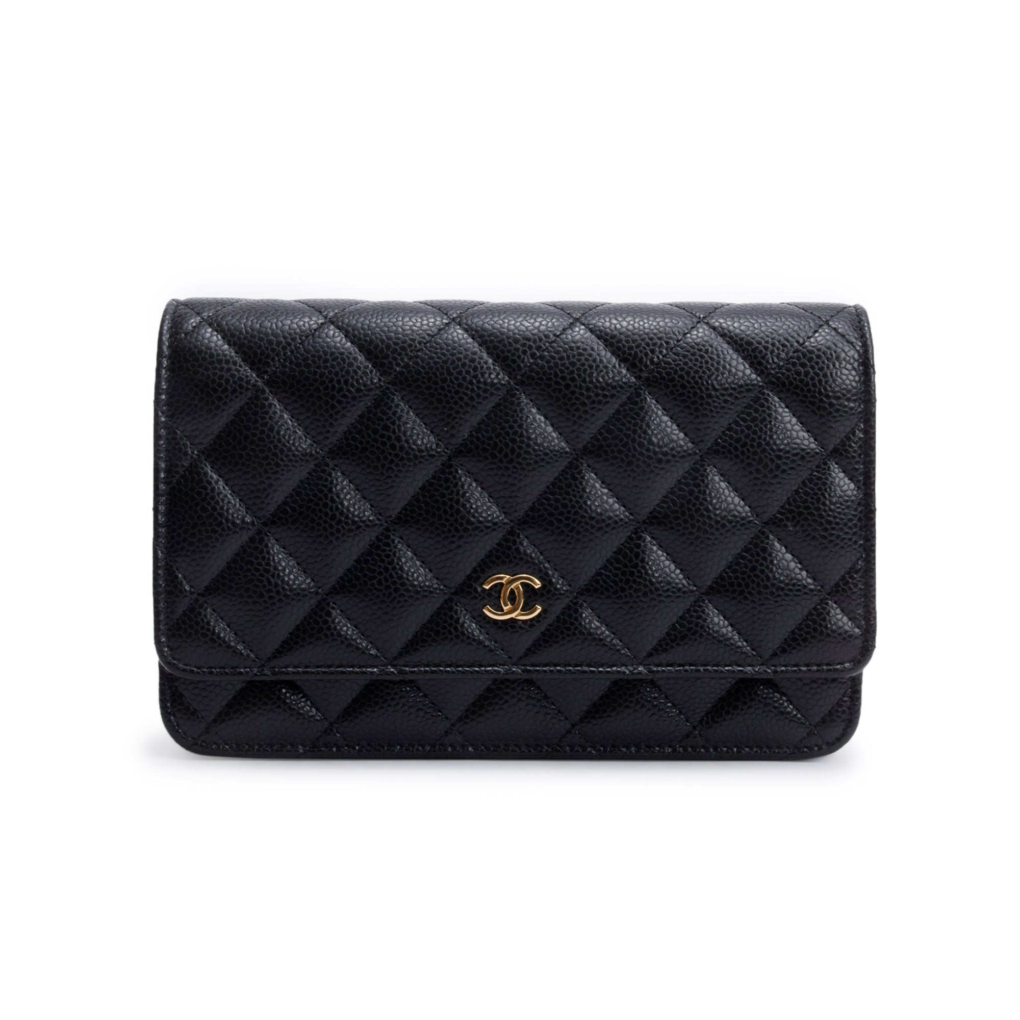 Chanel Black Quilted Caviar Leather Classic Wallet on Chain w/ Box