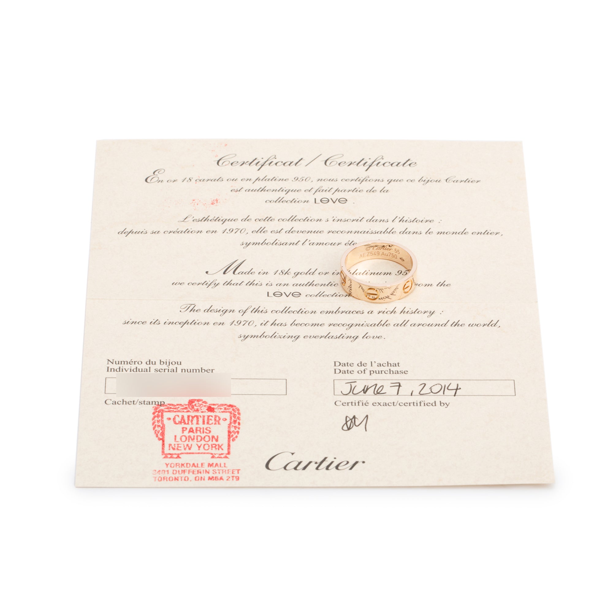 Cartier 18k Yellow Gold 5.5 MM Love Ring, Size 55 7.25 w/ Certificate