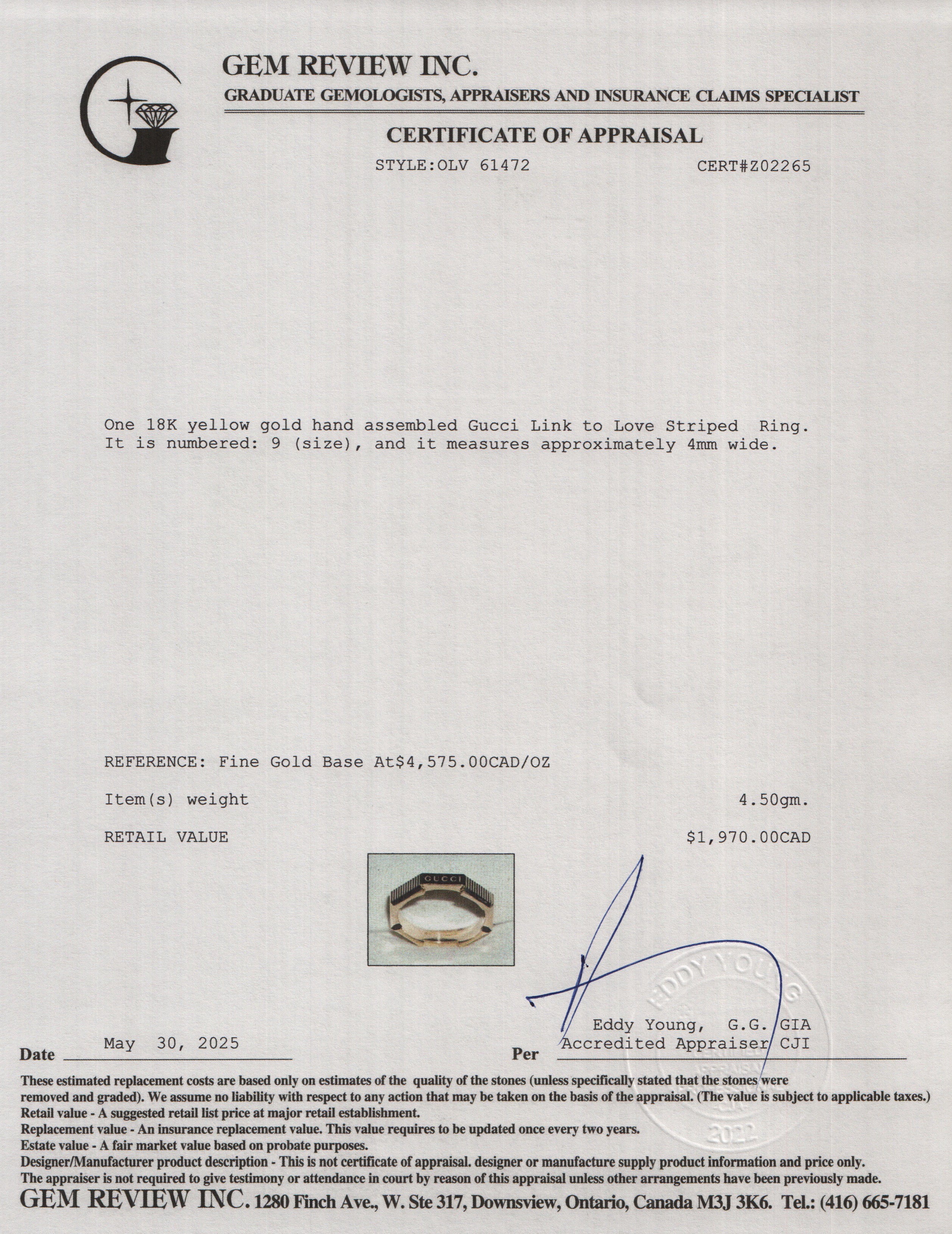 Gucci 18k Yellow Gold Link to Love Striped Ring, Size 9 4.75