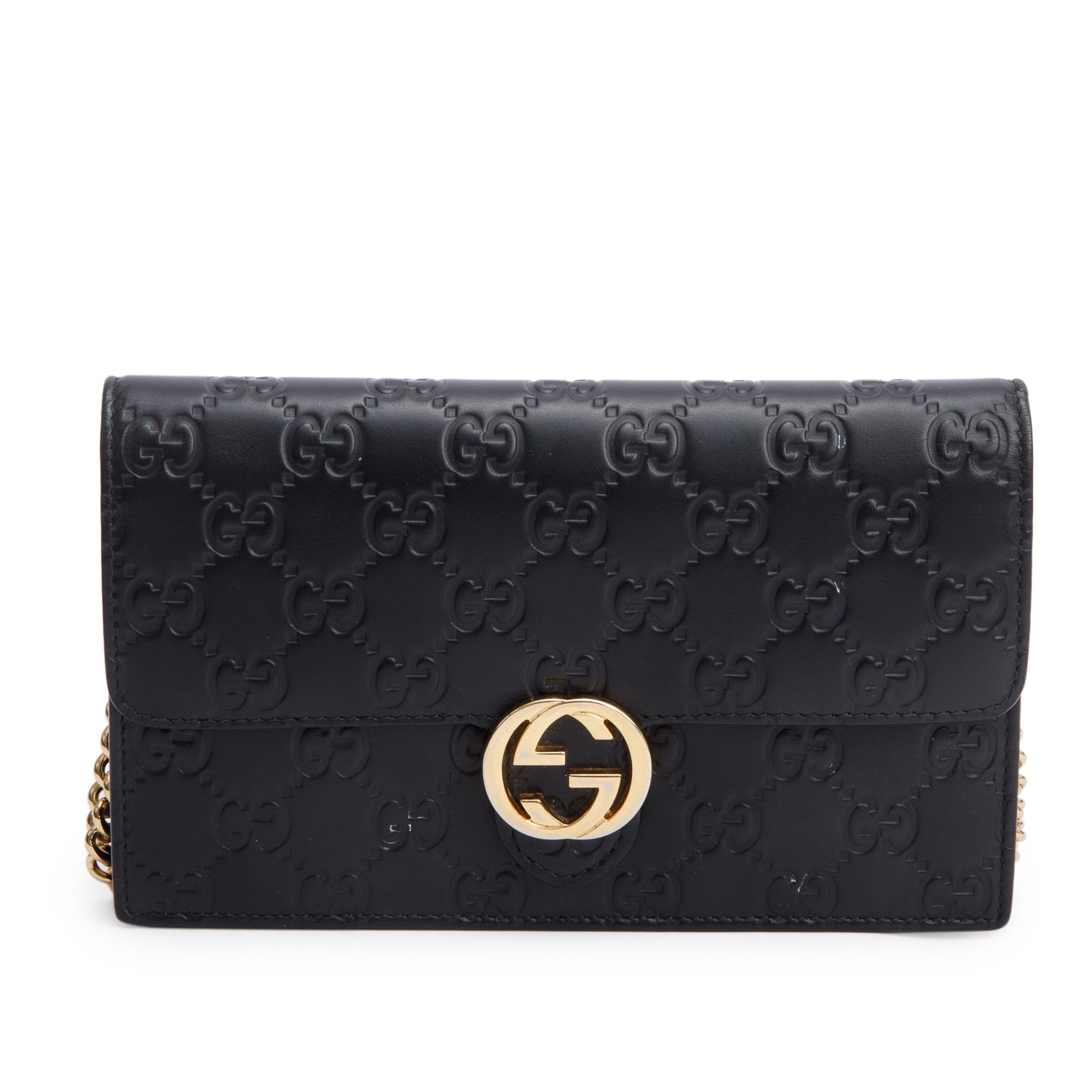 Gucci Black Guccissima Leather Interlocking G Icon Signature Wallet on Chain