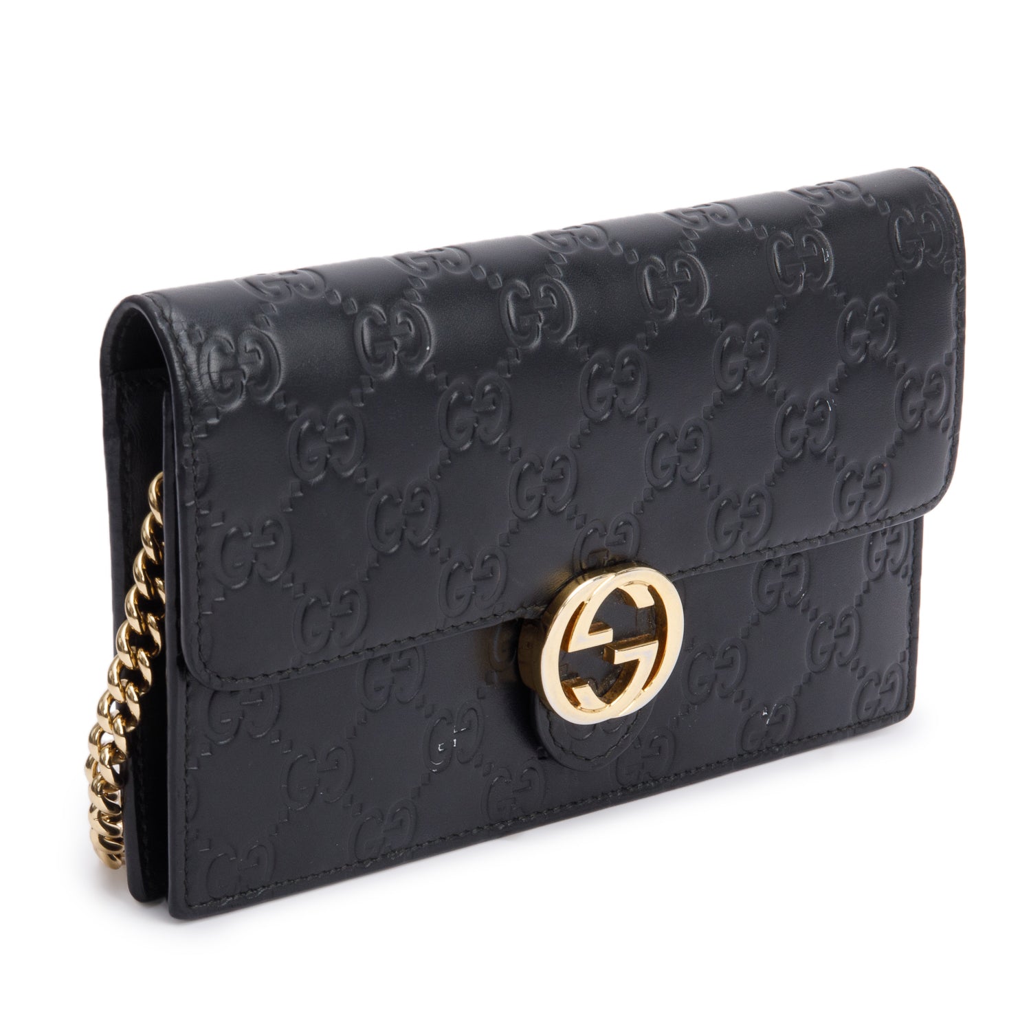 Gucci Black Guccissima Leather Interlocking G Icon Signature Wallet on Chain