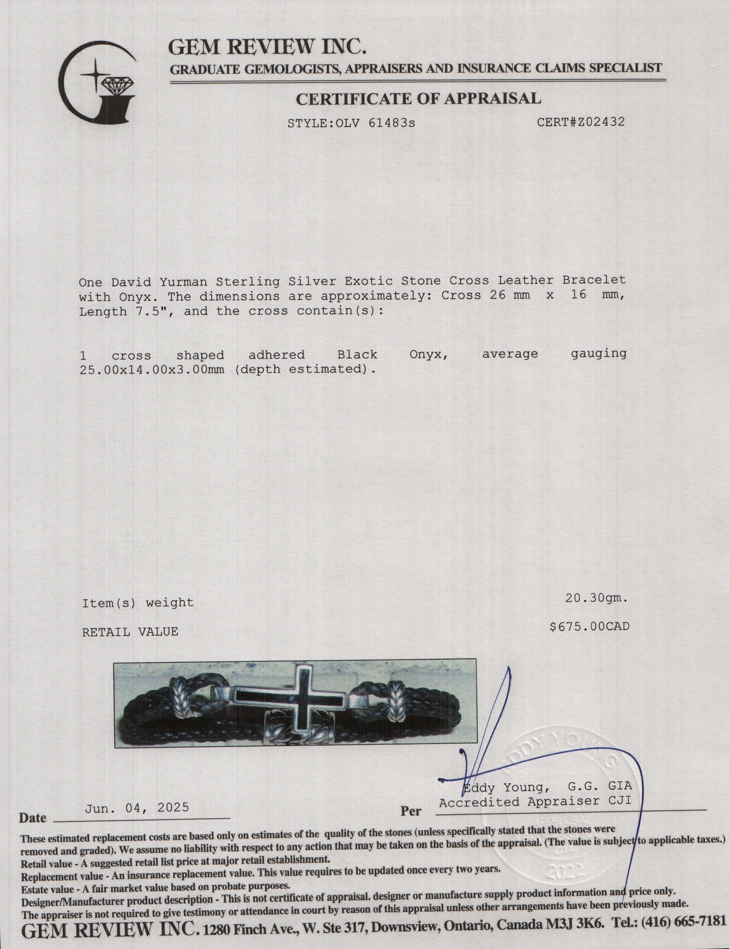 David Yurman Sterling Silver Exotic Stone Cross Leather Bracelet with Onyx