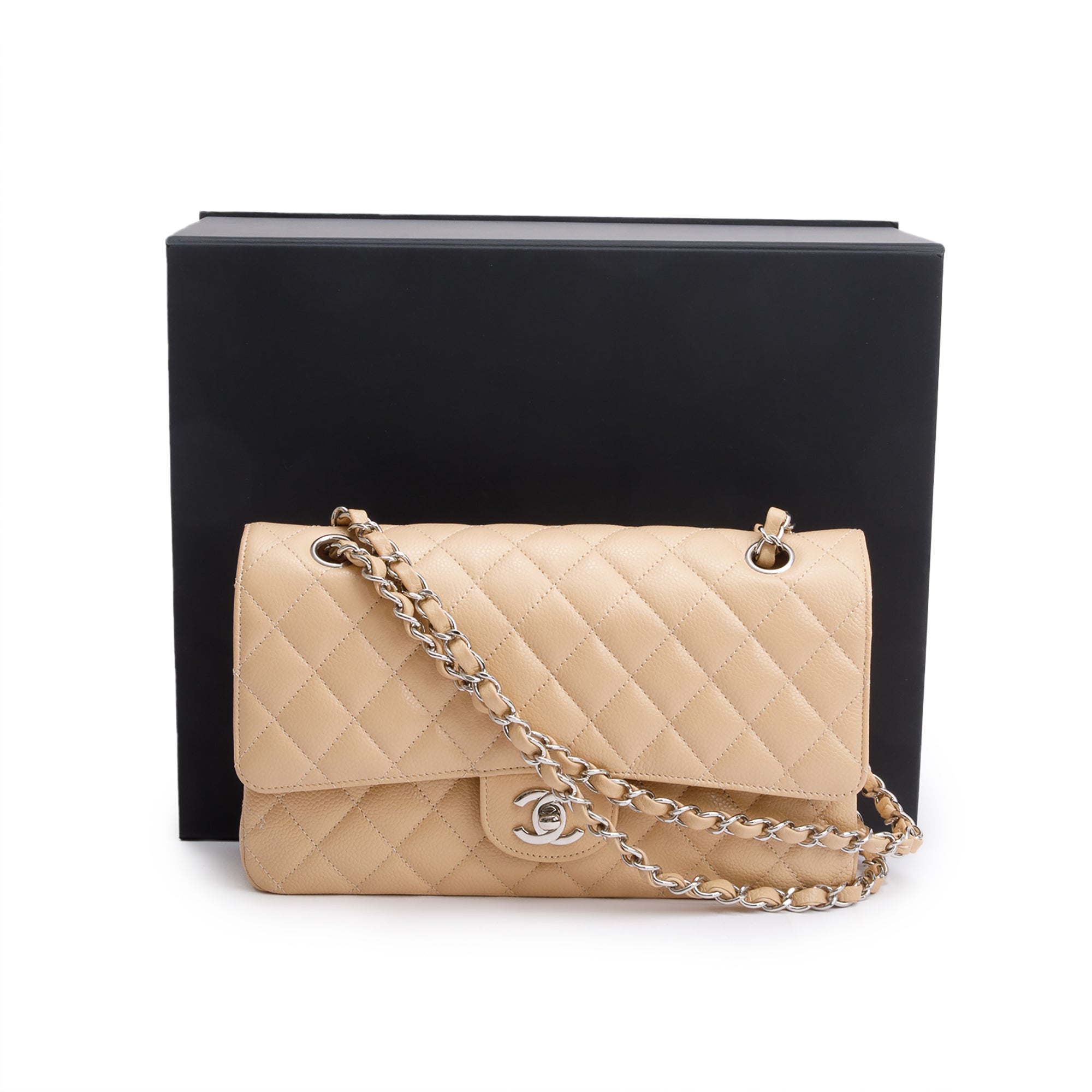 Chanel Beige Quilted Caviar Leather Classic Medium Double Flap Bag w/ Box & Authenticity Card