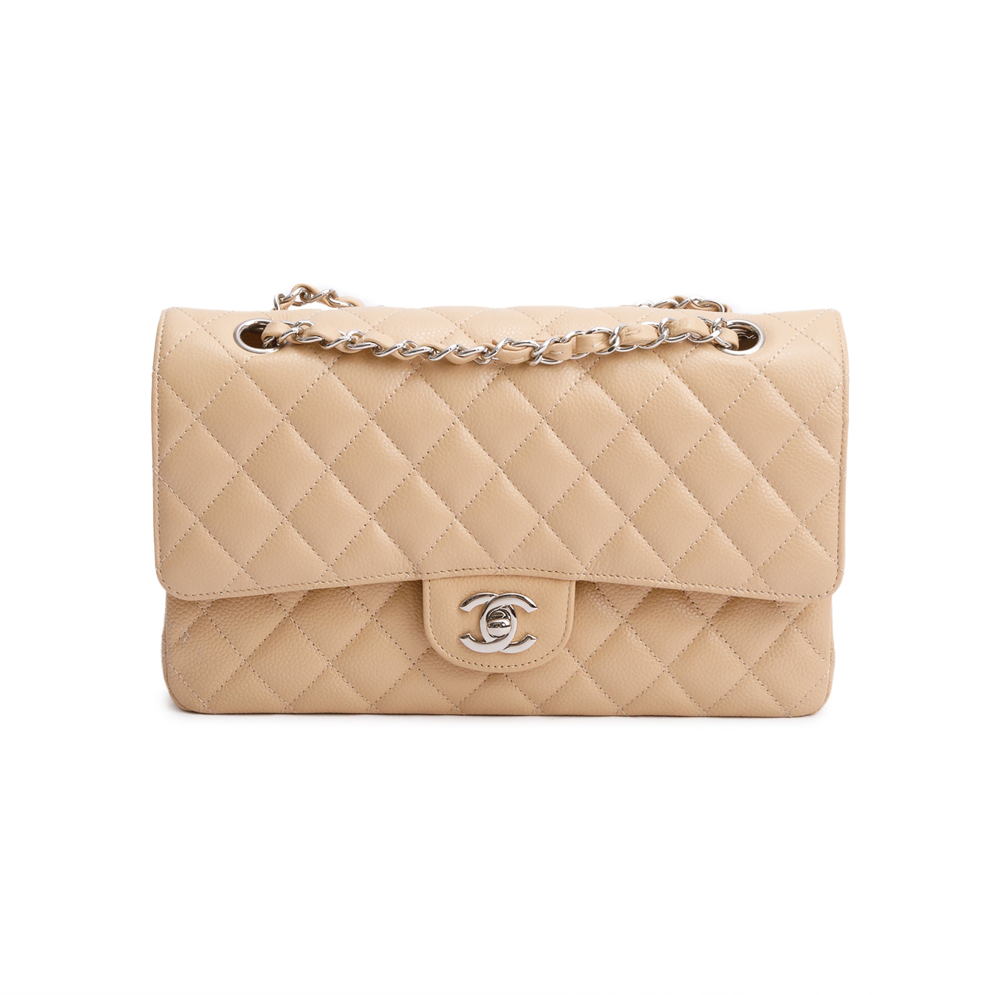 Chanel Beige Quilted Caviar Leather Classic Medium Double Flap Bag w/ Box & Authenticity Card
