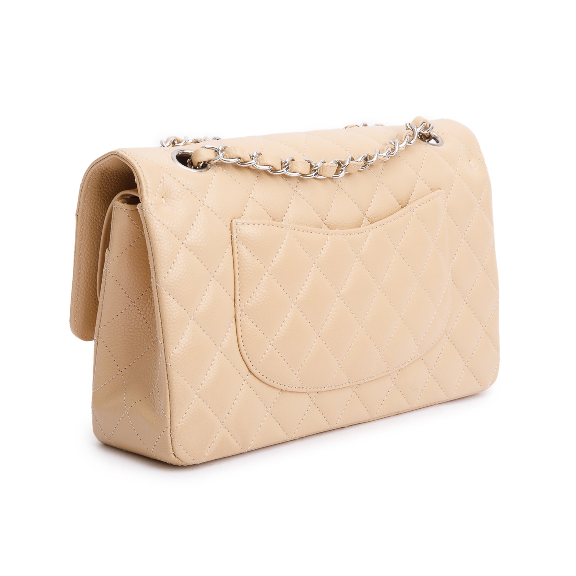 Chanel Beige Quilted Caviar Leather Classic Medium Double Flap Bag w/ Box & Authenticity Card