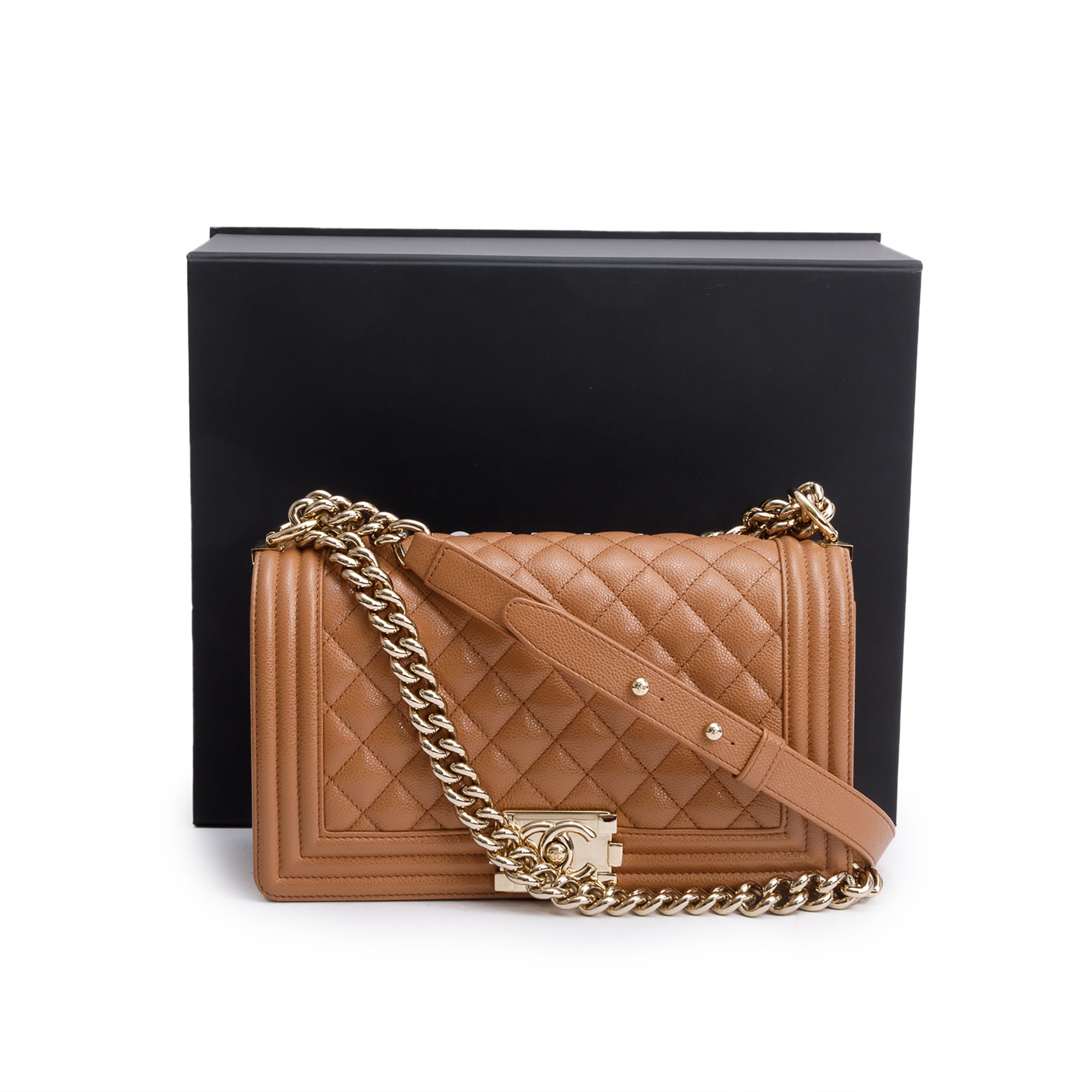 Chanel 2022 Brown Quilted Caviar Leather Medium Boy Bag w/ Box