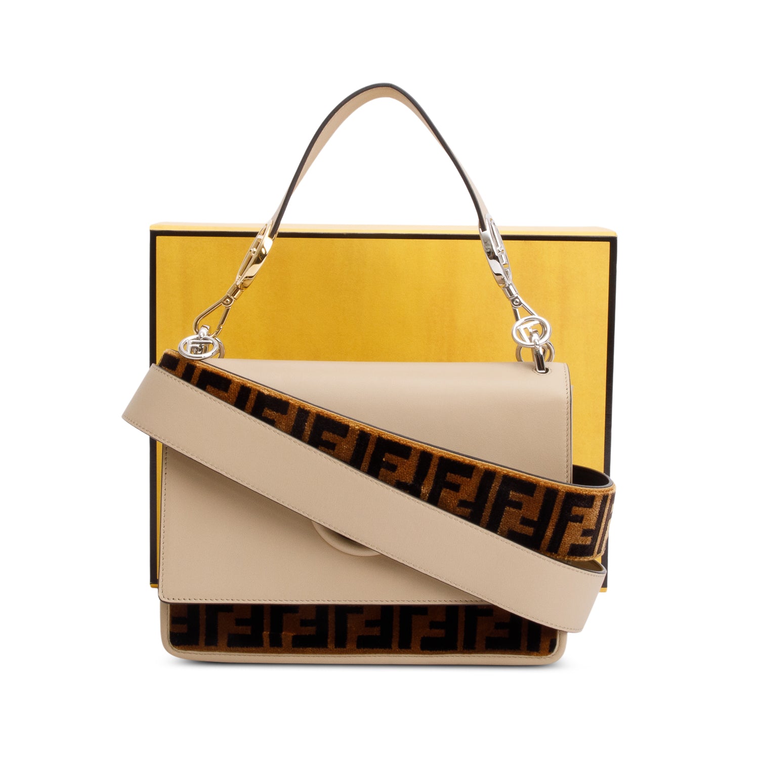 Fendi Beige Calfskin Leather FF Zucca Velvet Medium F is Fendi Kan I Shoulder Bag w/ Straps & Box
