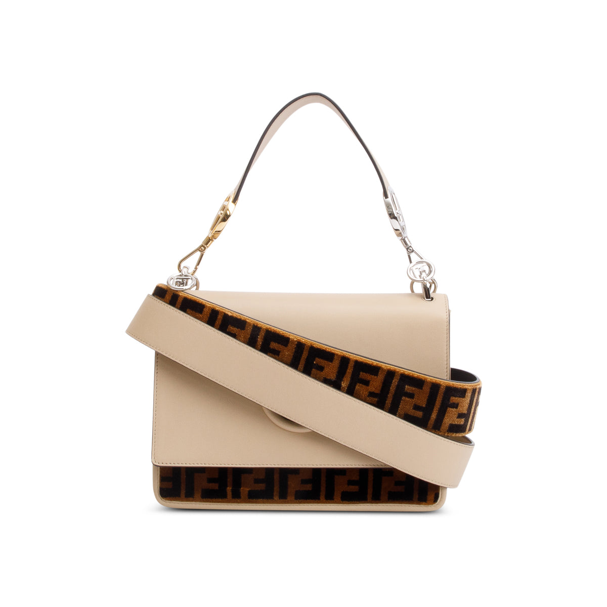 Fendi Beige Calfskin Leather FF Zucca Velvet Medium F is Fendi Kan I S ...