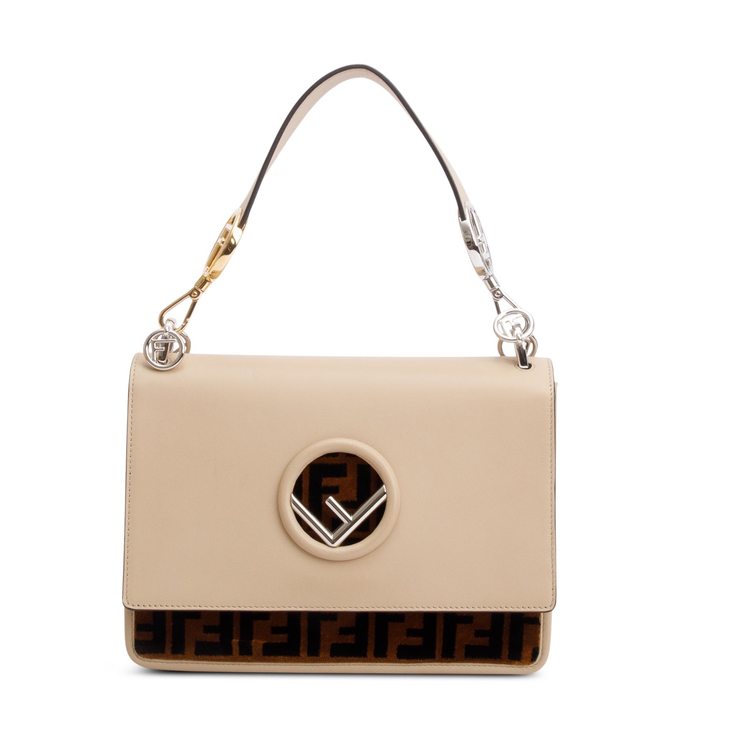Fendi Beige Calfskin Leather FF Zucca Velvet Medium F is Fendi Kan I Shoulder Bag w/ Straps & Box